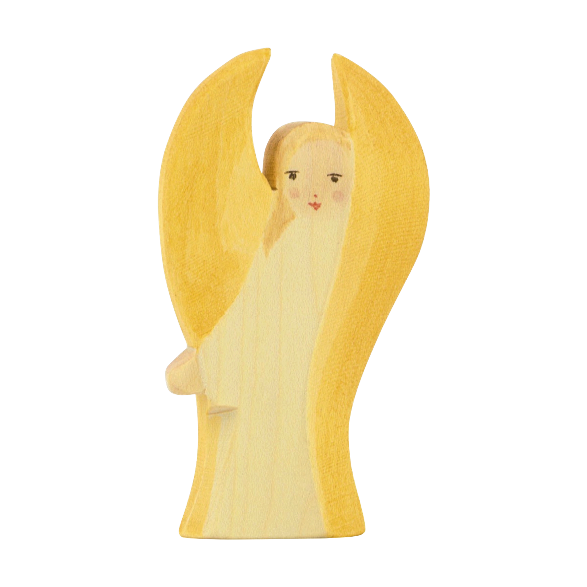 Holzfigur: Schutzengel weiß, aus hellem Ahornholz gefertigt, mit warmen Gelbtönen bemalt. Handgearbeitet, ideal für kindliches Rollenspiel oder als dekoratives Element. Hergestellt in Deutschland, fördert nachhaltige Produktion.