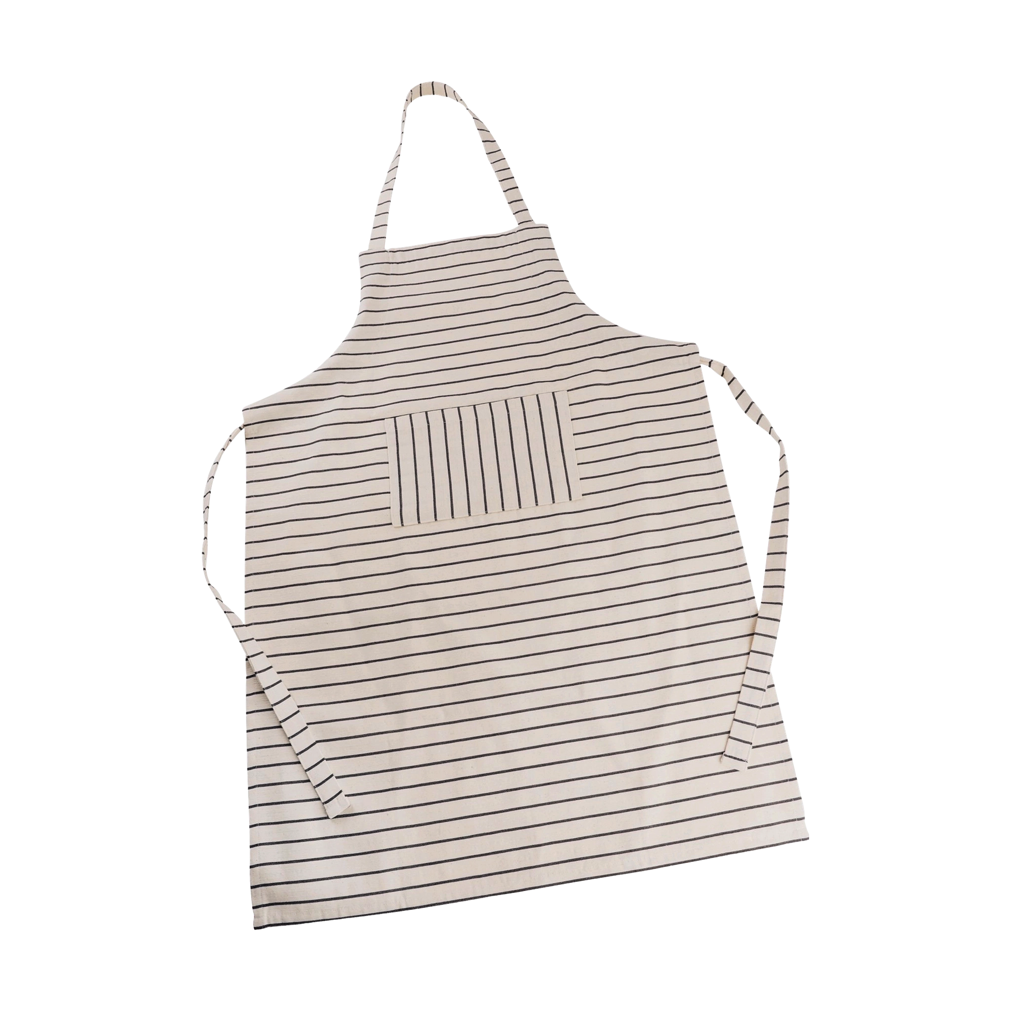 Schürze aus 100% Baumwolle mit feinen, dunklen Streifen und verstellbarem Nackenband. Sie besitzt lange Bindebänder und eine vertikal gestreifte Brusttasche, hergestellt in einer deutschen Manufaktur.