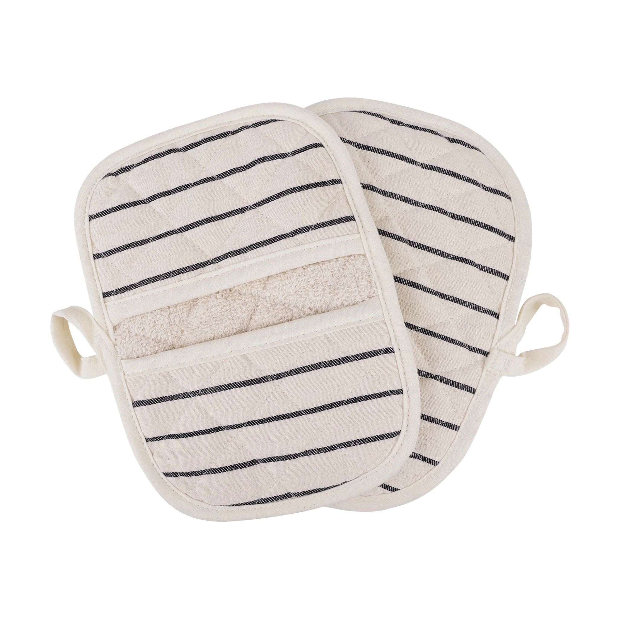 Topfhandschuh aus 100 % Baumwolle mit weichem Schlingengewebe; gestreifte, gepolsterte Schlupftaschen für sicheres Greifen. Hergestellt in Deutschland, ideal für Koch- und Backfans. Nachhaltiges Design von KLICKKLACK.