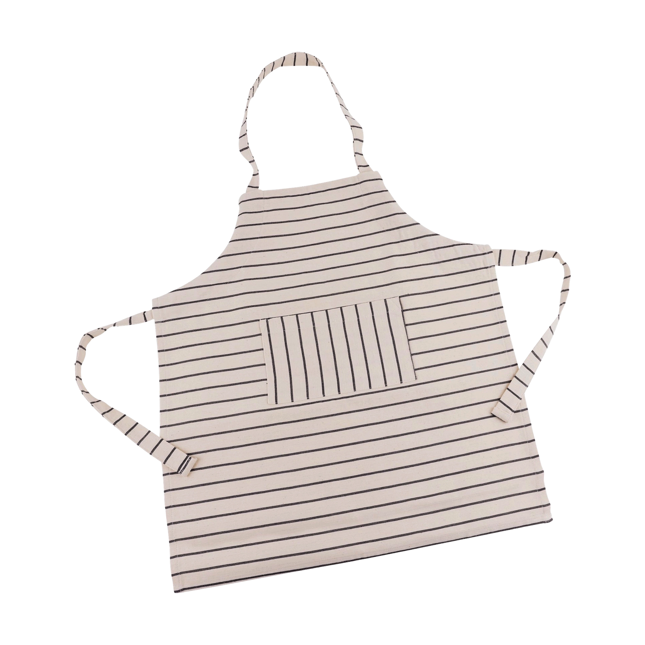 Kinderschürze aus 100 % Baumwolle, flach liegend mit dünnen dunklen Streifen, Fronttasche, Nackenschlaufe, und Bindebändern; zeitloses Design passend zur Erwachsenenschürze von Redecker, hergestellt in Deutschland.
