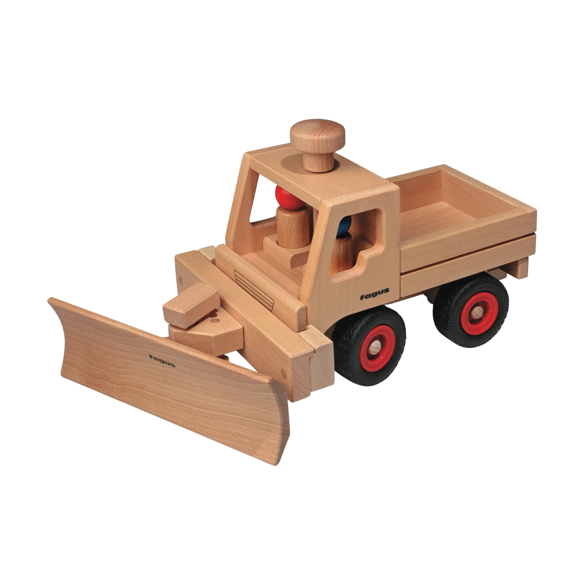 Holzfahrzeug: Unimog, ein lenkbarer Spielzeug-Truck aus massivem Buchenholz, mit Plow, robusten Rädern und Ladefläche, hergestellt in Deutschland, kompatibel mit Fagus-Anhängern.