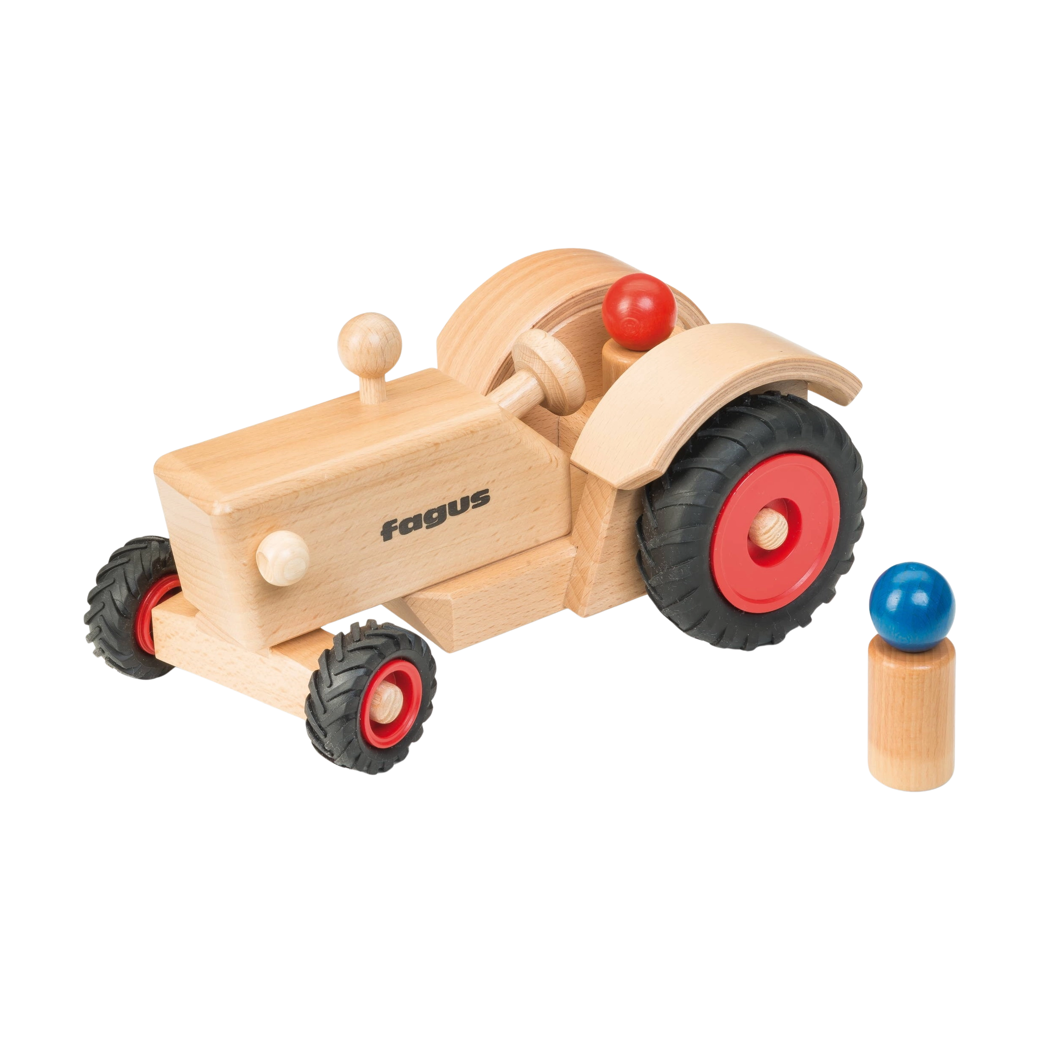 Holzfahrzeug: Traktor aus massivem Buchenholz mit roten Rädern und blauer Kugel. Lenkbares Design für vielseitigen Spielspaß, inklusive zwei Fahrerfiguren. Hergestellt in einer geschützten Werkstätte in Deutschland.