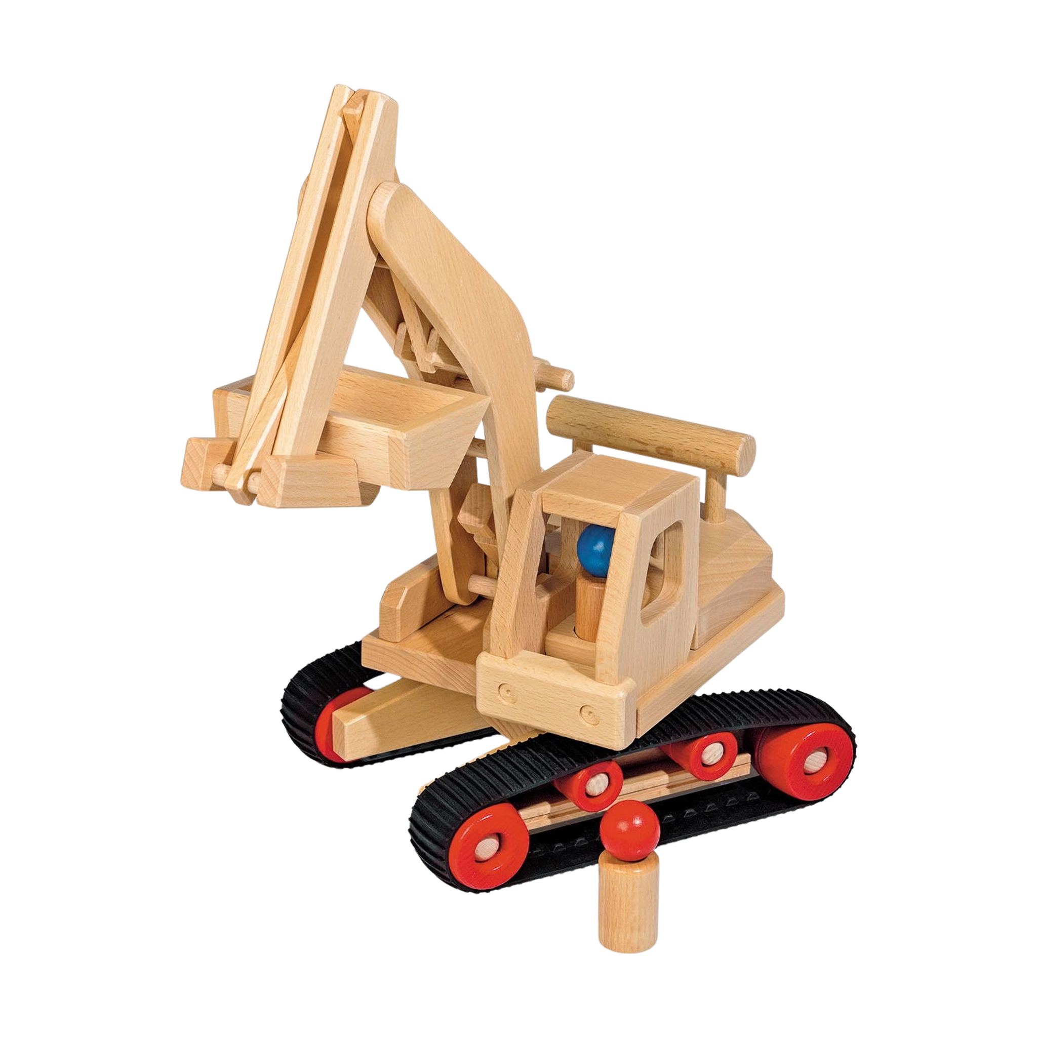 Holzfahrzeug: Bagger aus massivem Buchenholz mit drehbarem Aufbau, beweglichem Schaufelarm und Hebelmechanik, inklusive zwei Fahrerfiguren und stabilen Gummiketten, hergestellt in Deutschland.