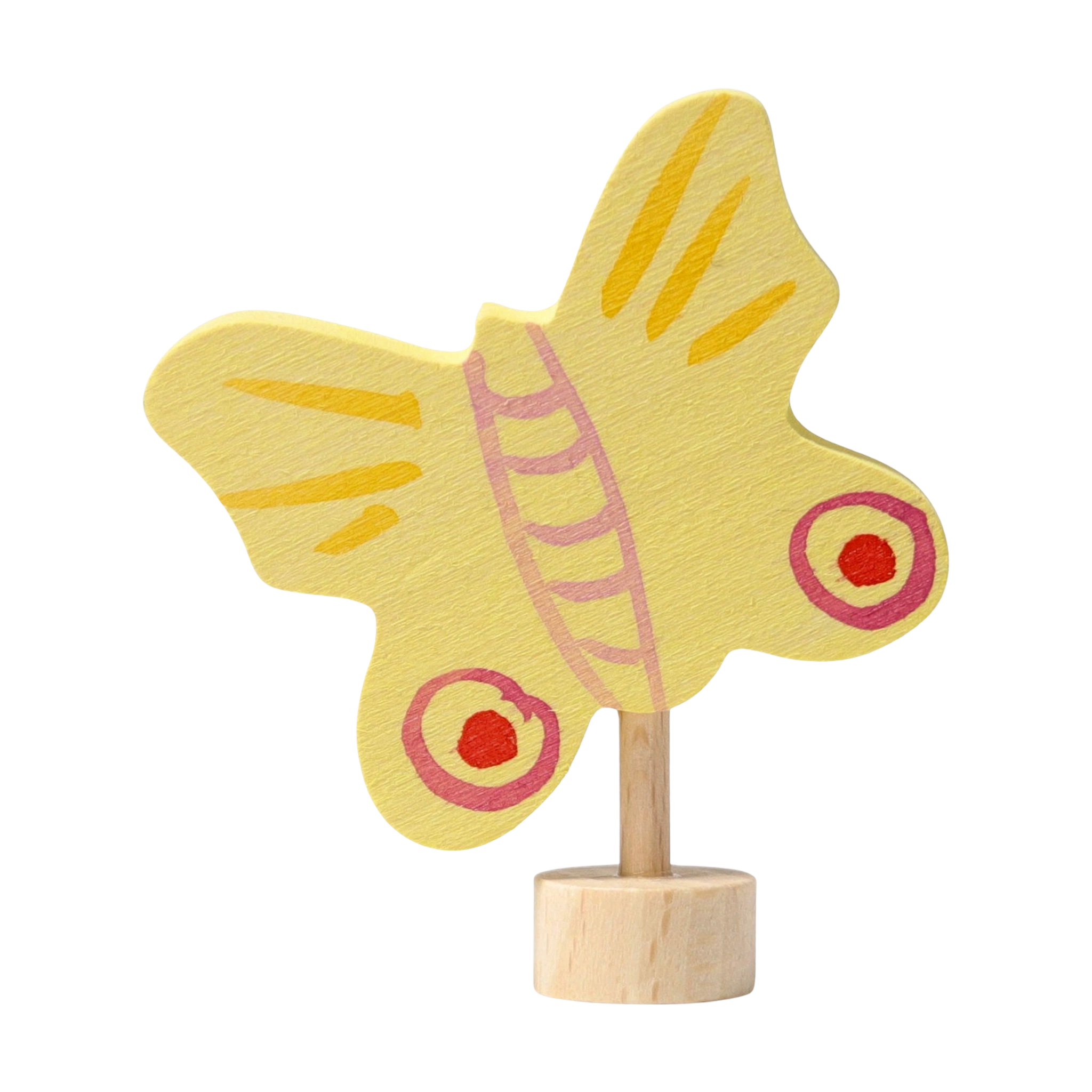 Steckfigur: Gelber Schmetterling aus handbemaltem Lindenholz, präsentiert auf einem runden Holzsockel. Ideal zur Tischdekoration an Feiertagen und Geburtstagen, hergestellt in einer deutschen Manufaktur. Kombinierbar mit weiteren Figuren.