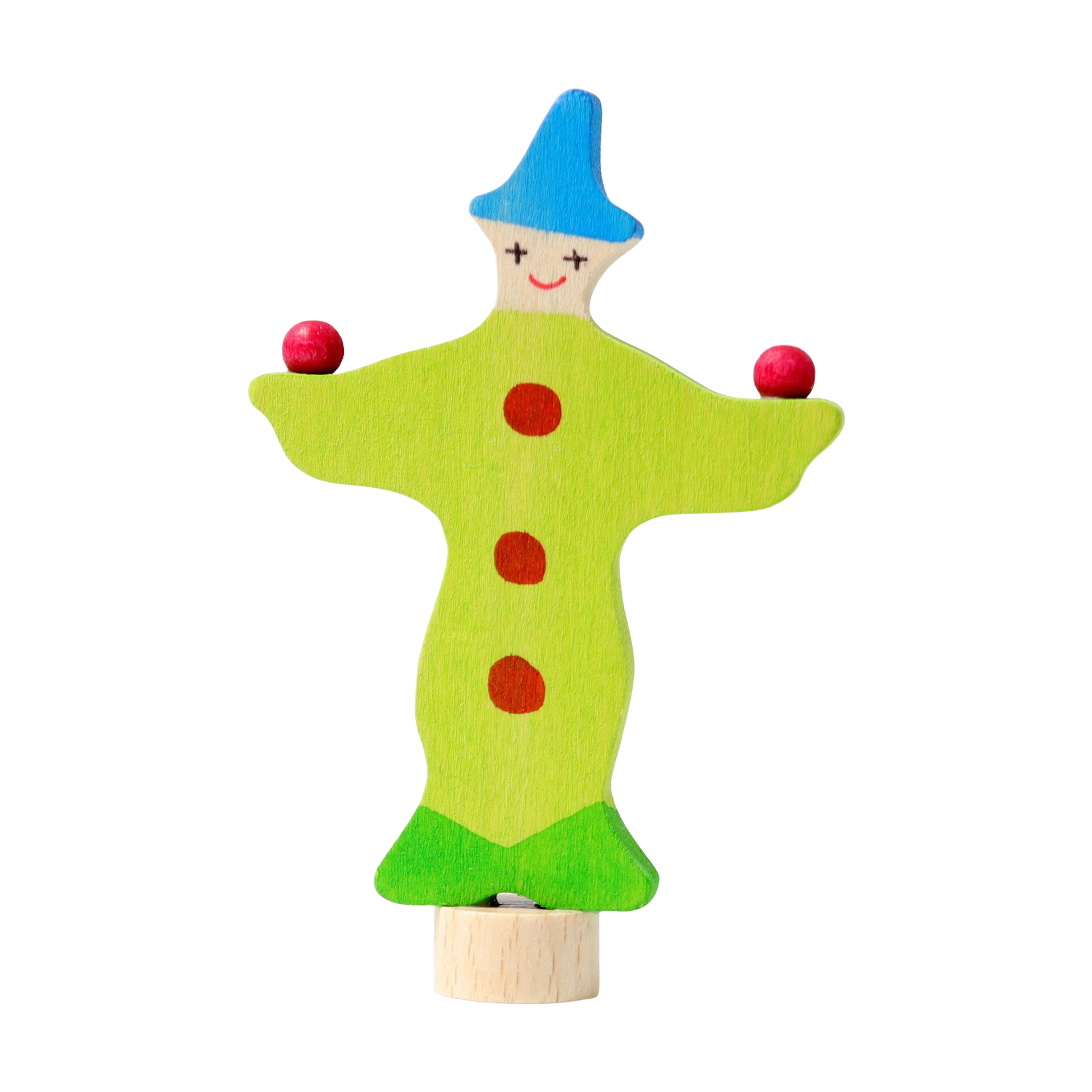 Steckfigur: Jonglier-Clown aus handbemaltem Lindenholz, ideal zur Dekoration von Geburtstags- und Feiertagstischen. Kombinierbar mit weiteren Steckfiguren, hergestellt in einer deutschen Manufaktur.