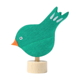 Steckfigur: Pickender Vogel aus handbemaltem Lindenholz, auf einem Holzständer präsentiert. Ideal zur Dekoration von Festtagstischen, hergestellt in einer deutschen Manufaktur, kombinierbar mit weiteren Steckfiguren und Kerzen.