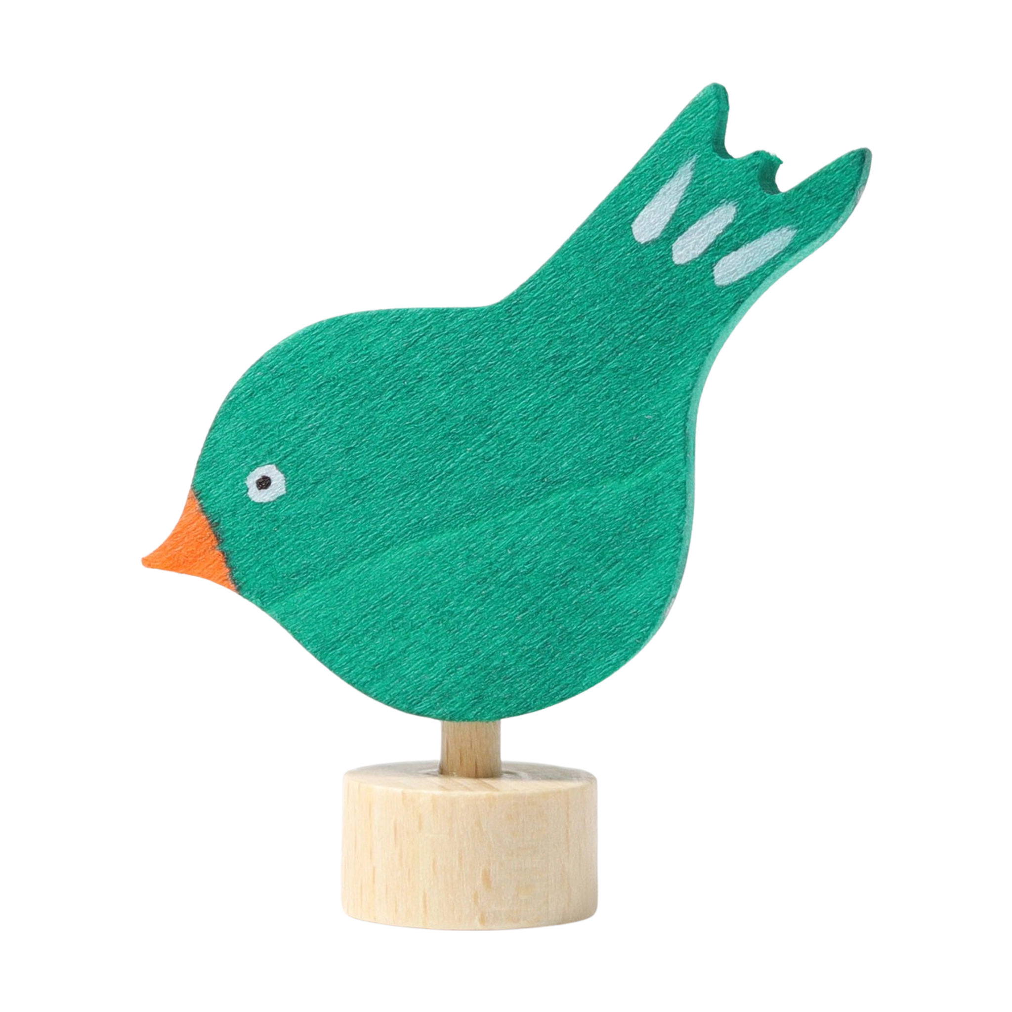 Steckfigur: Pickender Vogel aus handbemaltem Lindenholz, auf einem Holzständer präsentiert. Ideal zur Dekoration von Festtagstischen, hergestellt in einer deutschen Manufaktur, kombinierbar mit weiteren Steckfiguren und Kerzen.