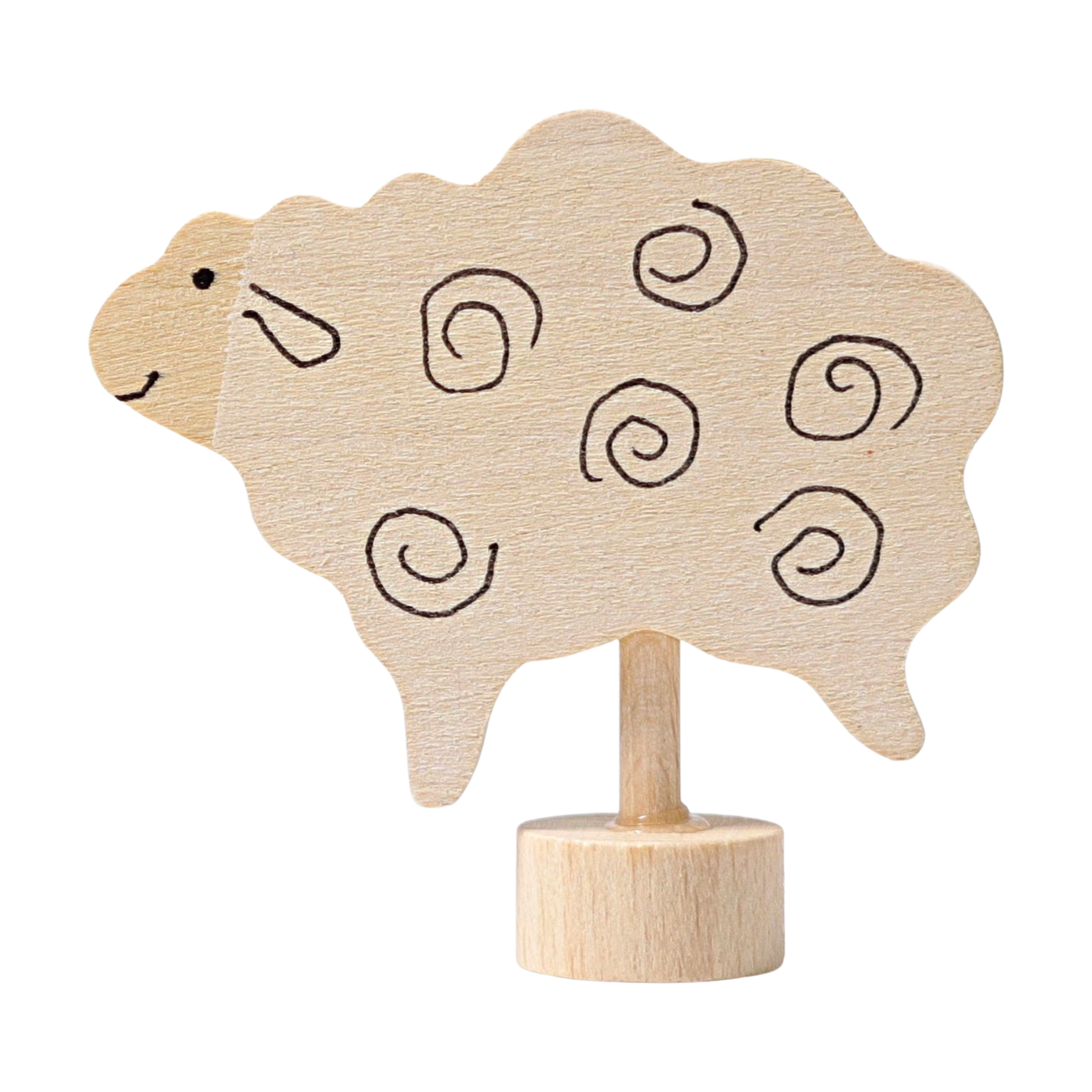 Steckfigur: Stehendes Schaf aus handbemaltem Lindenholz, zeigt ein stilisiertes Schaf mit Spiralmustern als Wolle. Perfekt zur Dekoration von Festtagstischen und kombinierbar mit weiteren Figuren, hergestellt in Deutschland.