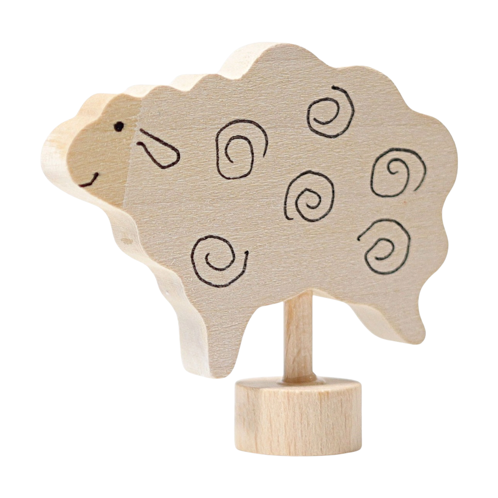 Steckfigur: Stehendes Schaf aus handbemaltem Lindenholz mit spiralförmigen Verzierungen, ideal zur Dekoration von Festtagstischen. Kombinierbar mit anderen Figuren und Kerzen, hergestellt in Deutschland.