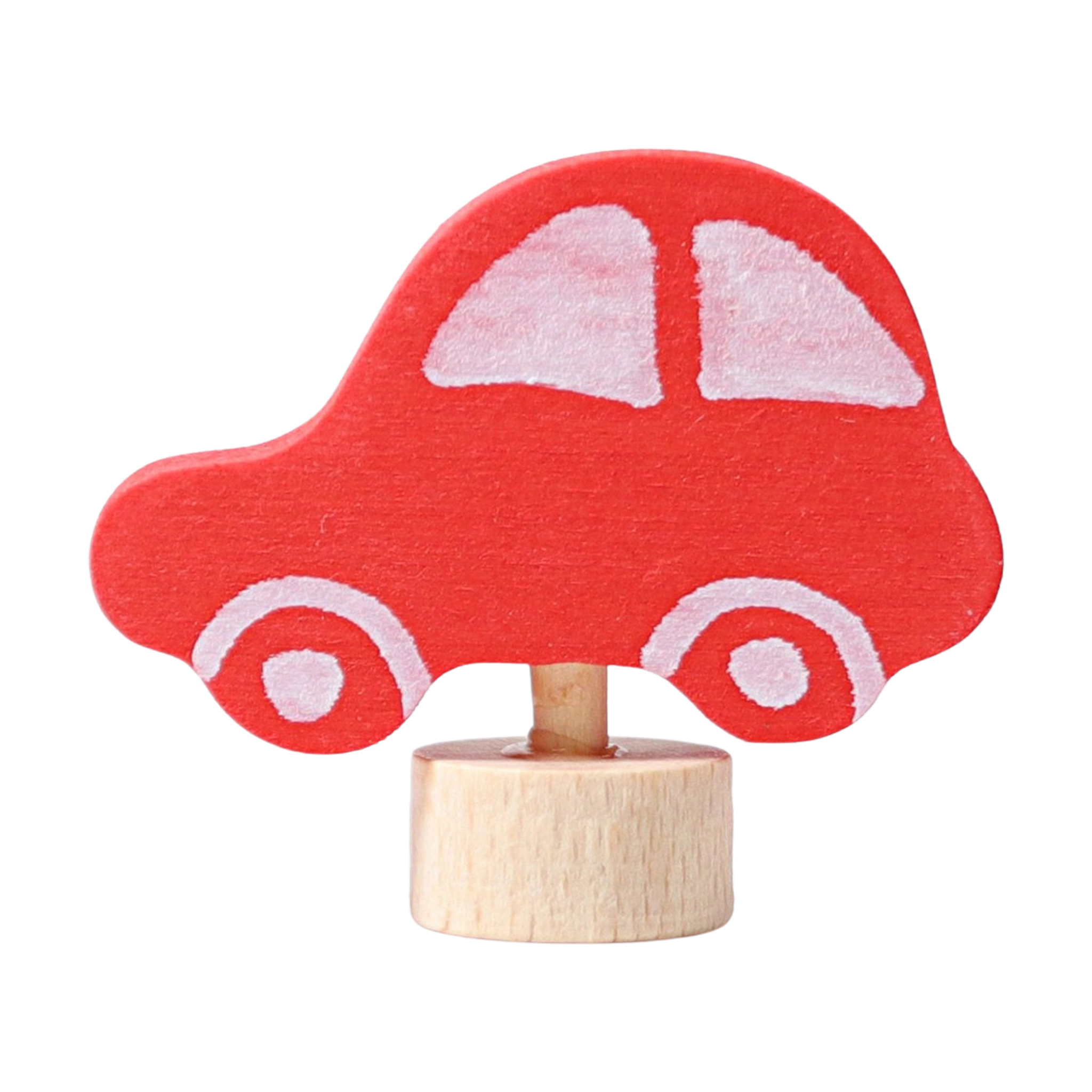 Steckfigur: Rotes Auto aus handbemaltem Lindenholz auf Holzständer, ideal zur Dekoration von Festtagstischen. Kombinierbar mit anderen Figuren und Kerzen, hergestellt in Deutschland.