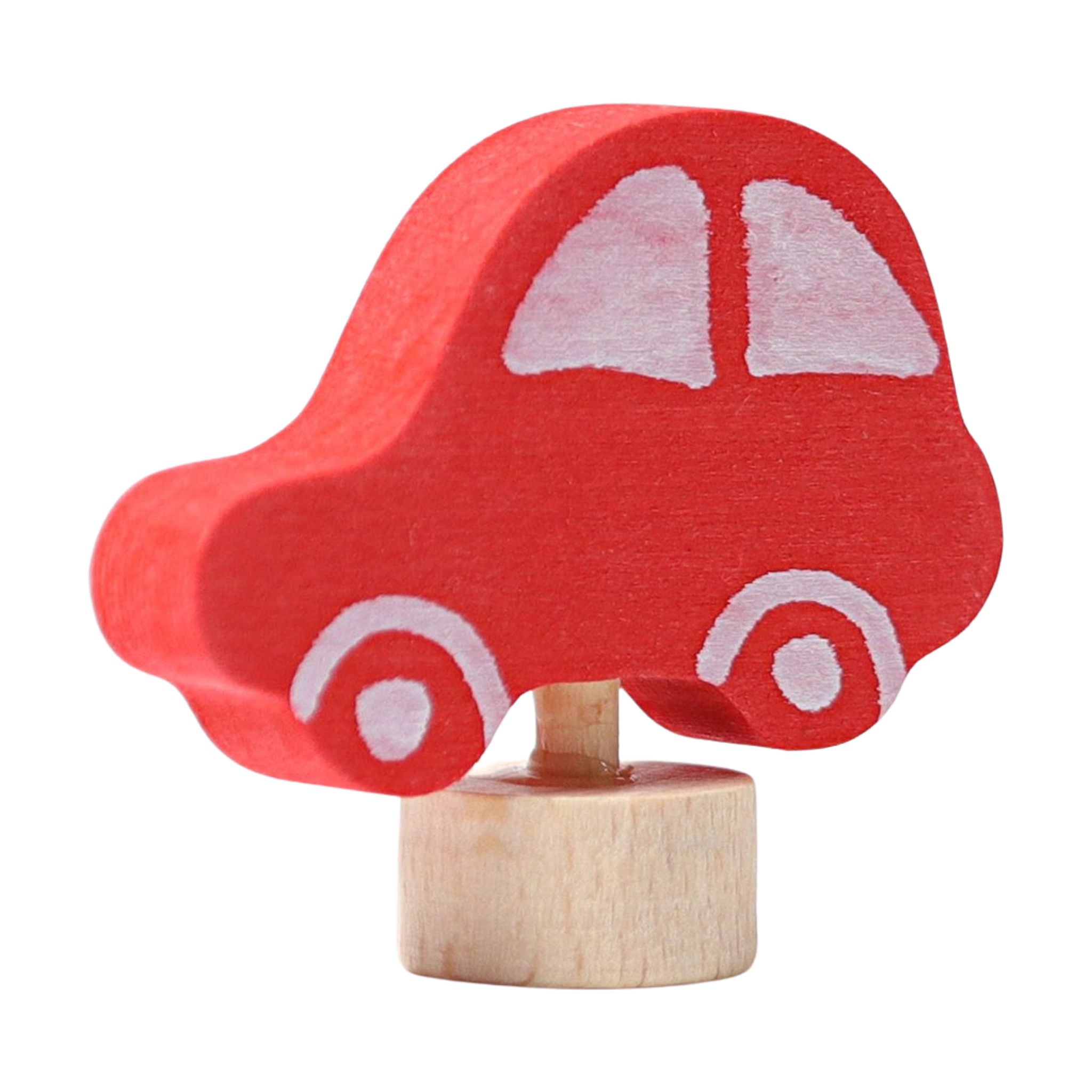 Steckfigur: Rotes Auto aus handbemaltem Lindenholz, präsentiert auf einem Holzständer. Ideal zur Dekoration von Festtafeln, kombinierbar mit weiteren Figuren und Kerzen. Hergestellt in einer deutschen Manufaktur.