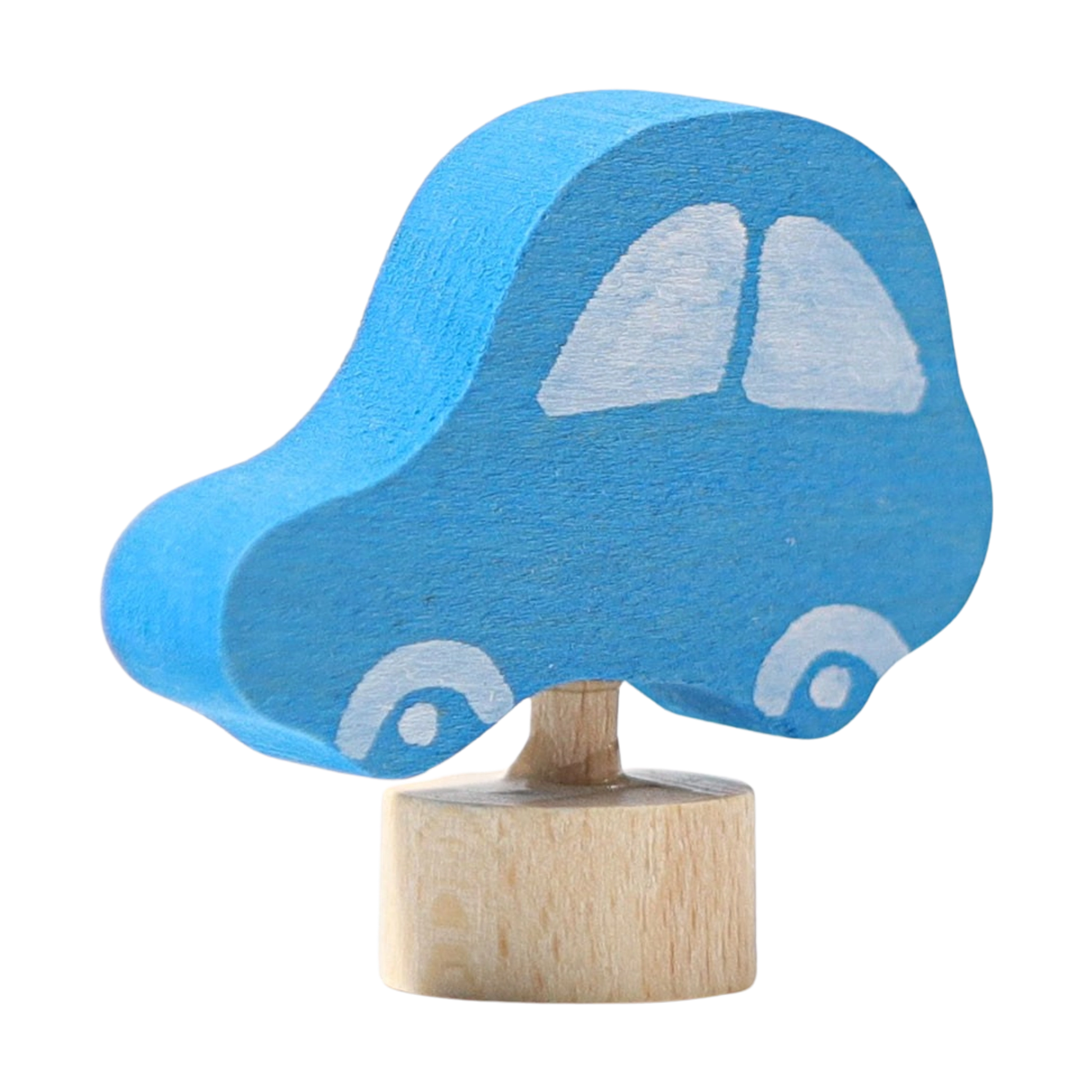 Steckfigur: Blaues Auto aus handbemaltem Lindenholz auf Holzständer, ideal zur Dekoration von Festtagstischen, hergestellt in deutscher Manufaktur, kombinierbar mit weiteren Figuren und Kerzen.