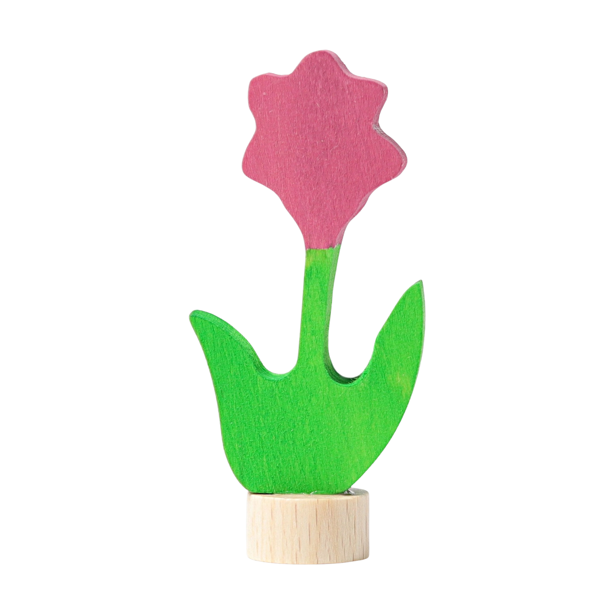 Steckfigur: Rosa Blume aus handbemaltem Lindenholz, ideal zur Dekoration von Festtagstischen. Kombinierbar mit weiteren Figuren, verkörpert nachhaltige Produktion und ästhetisches Design.