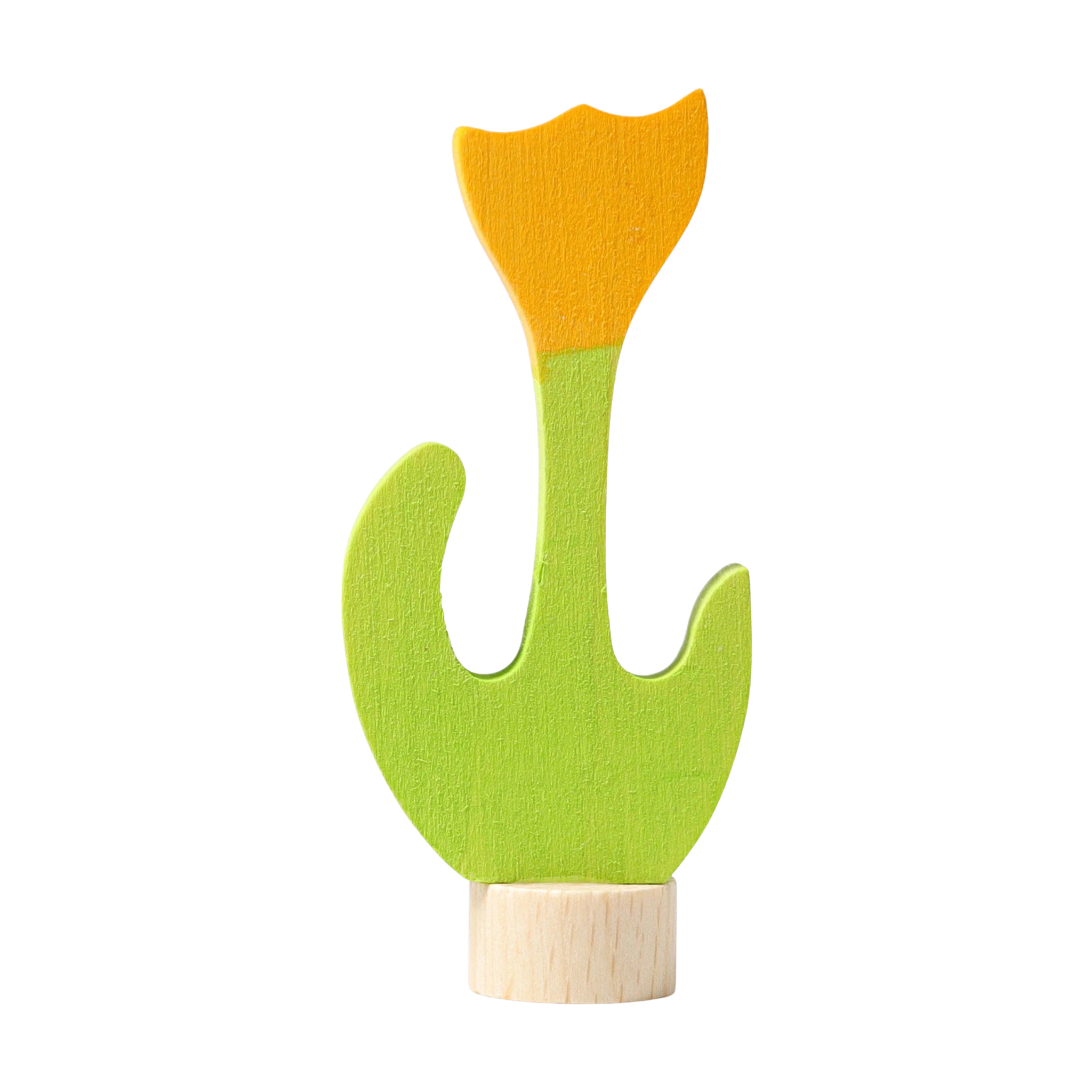 Steckfigur: Gelbe Tulpe aus handbemaltem Lindenholz, ideal zur Dekoration von Festtagstischen. Kombinierbar mit weiteren Steckfiguren und Kerzen, hergestellt in einer deutschen Manufaktur.