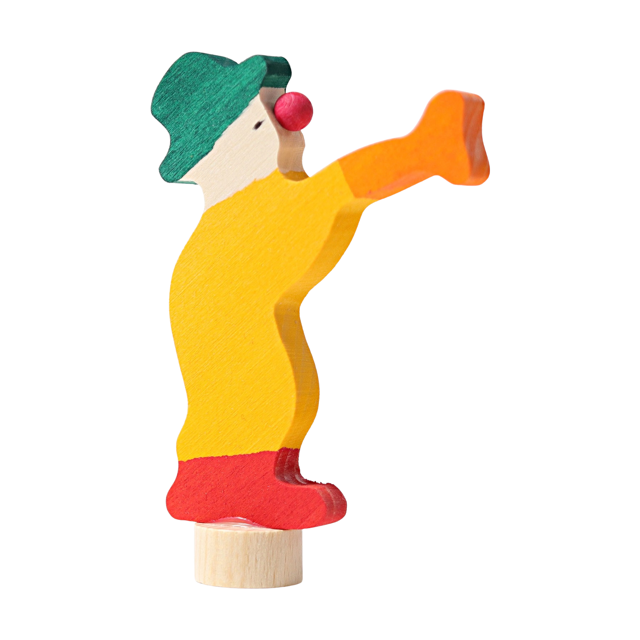 Steckfigur: Clown mit Trompete, aus handbemaltem Lindenholz, ideal für festliche Tischdekoration. Kombinierbar mit anderen Figuren, hergestellt in deutscher Manufaktur für zeitgemäße, nachhaltige Ästhetik.