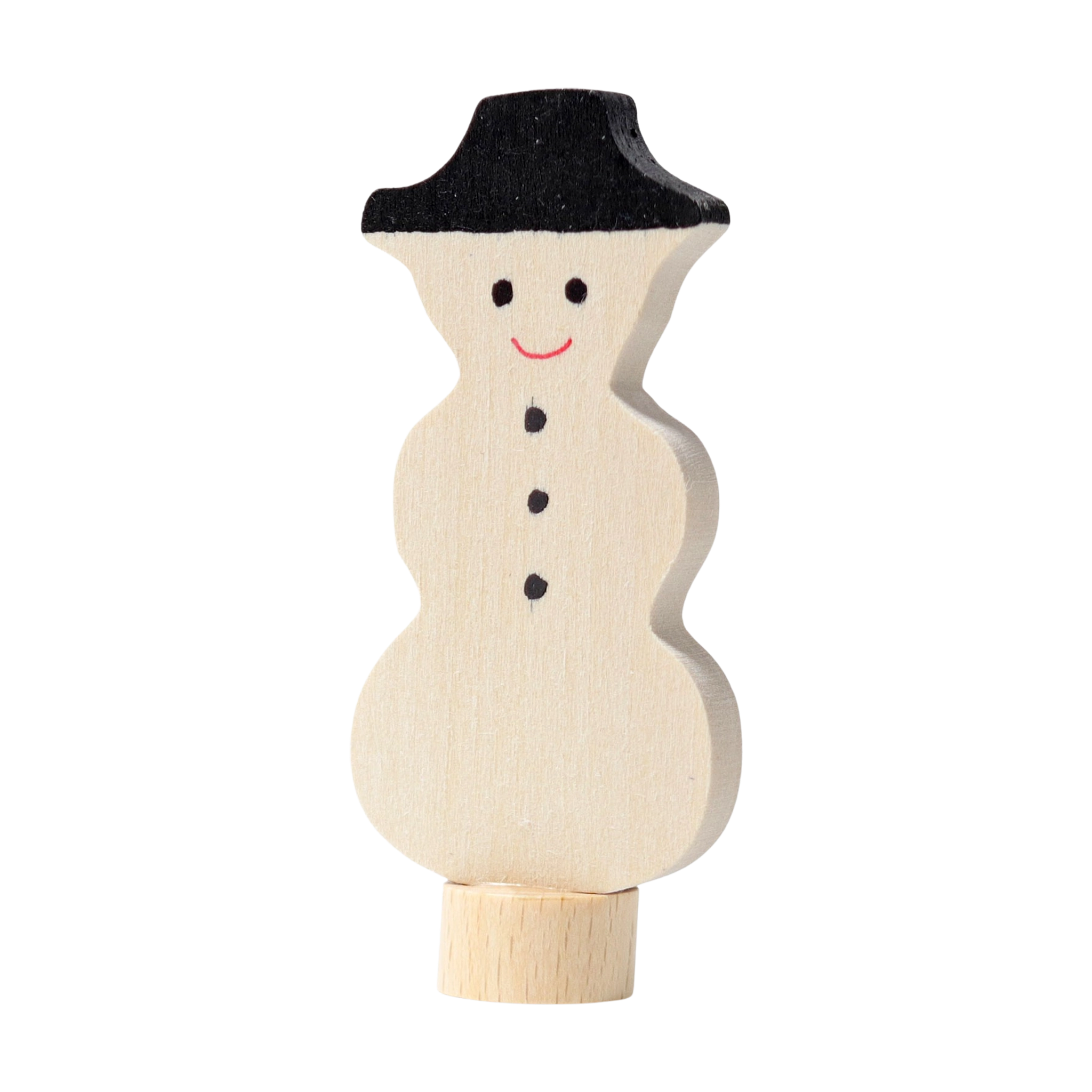 Steckfigur: Schneemann aus handbemaltem Lindenholz, mit schwarzem Hut und lächelndem Gesicht, ideal zur Dekoration von Geburtstags- und Feiertagstischen, hergestellt in einer deutschen Manufaktur.