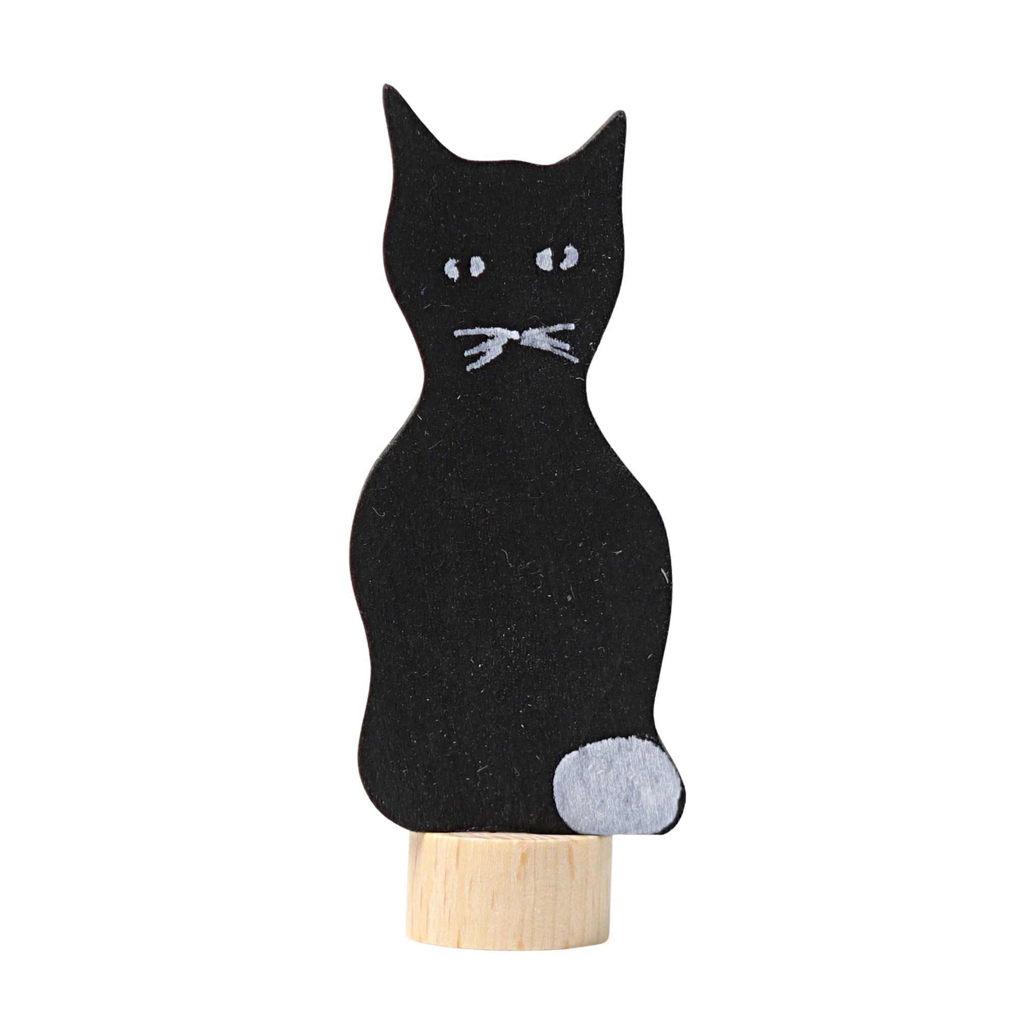 Steckfigur: Schwarze Katze aus handbemaltem Lindenholz, ideal zur Dekoration von Festtagstischen. Kombinierbar mit weiteren Steckfiguren und Kerzen, hergestellt in einer deutschen Manufaktur. Perfekt für moderne, nachhaltige Ästhetik.