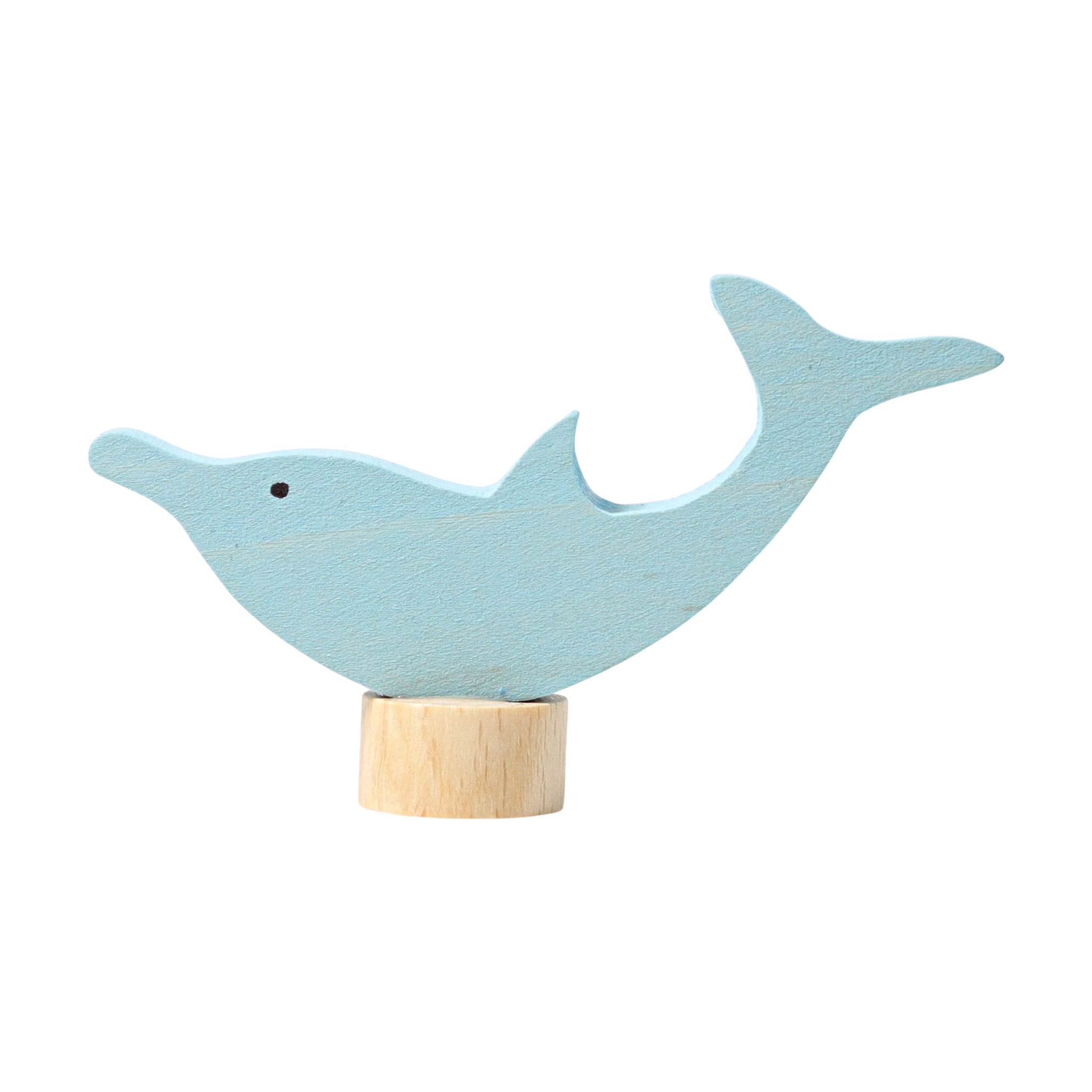 Steckfigur: Delphin aus handbemaltem Lindenholz auf Holzständer, ideal zur Dekoration von Geburtstags- und Feiertagstischen. Kombinierbar mit weiteren Figuren, hergestellt in einer deutschen Manufaktur.