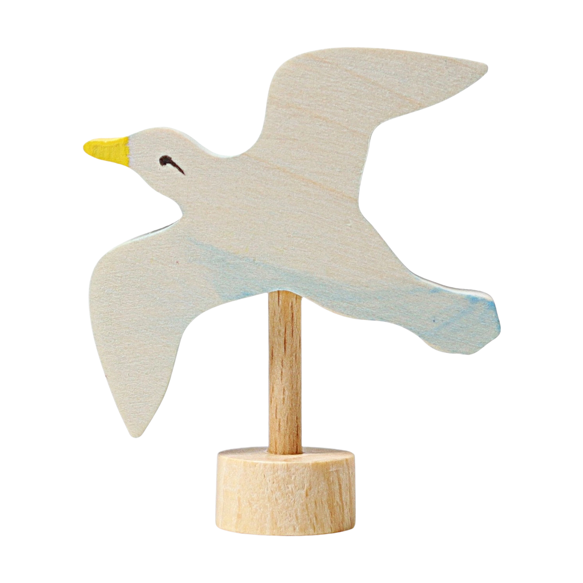 Steckfigur: Möwe aus handbemaltem Lindenholz, kunstvoll auf einem Holzstab gearbeitet, ideal für festliche Dekorationen und kombinierbar mit weiteren Figuren, hergestellt in einer deutschen Manufaktur.