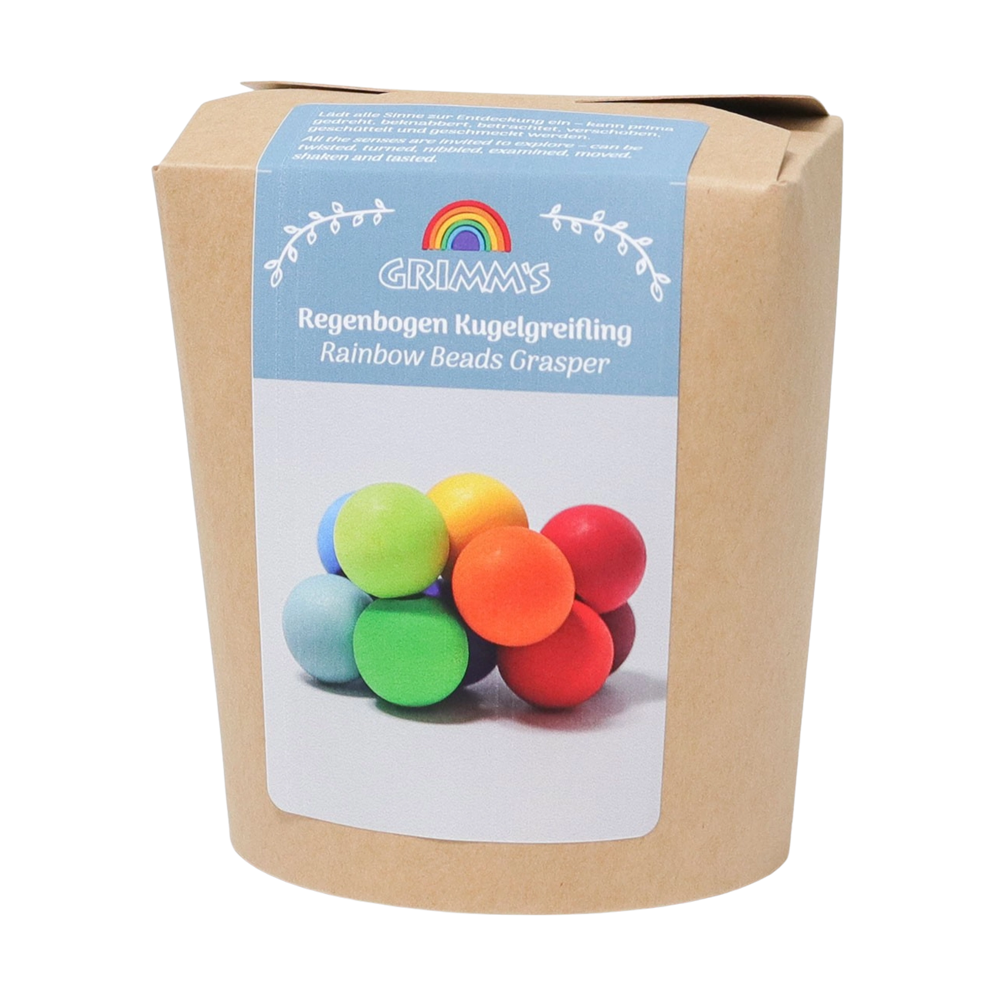 Kugelgreifling regenbogenfarbig aus Holz, bestehend aus 12 bunten Holzkugeln, die das Greifen und die Feinmotorik von Babys fördern. Hergestellt in Deutschland, spiegelt nachhaltige Produktion und modernes Design wider.