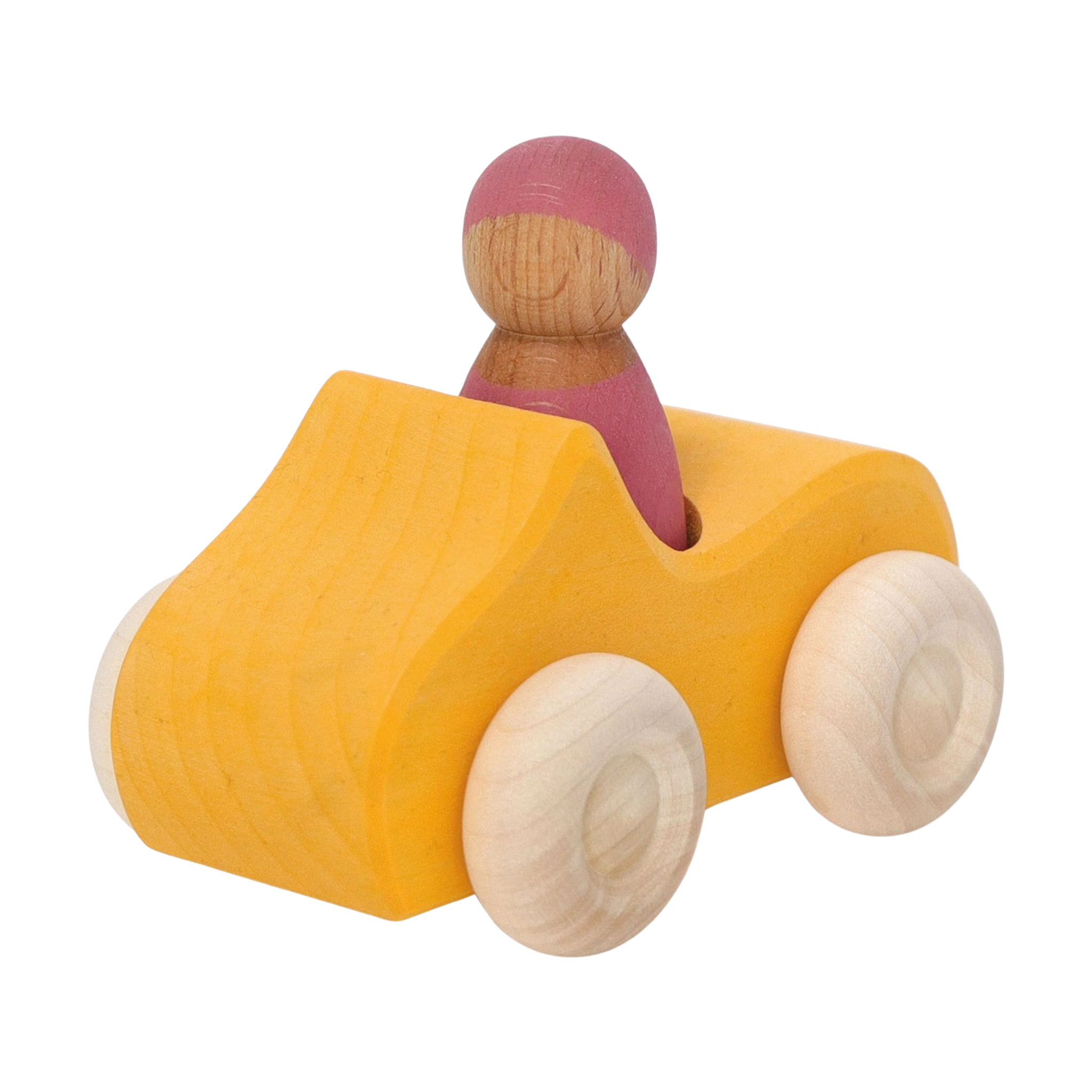 Holzfahrzeug: Kleines Cabrio gelb, ein stilvolles, robustes Holzspielzeugauto mit einer Holzfigur, gefertigt aus farbig lasiertem Lindenholz, ideal für Kinder, die nachhaltiges und ästhetisch ansprechendes Spielzeug schätzen.