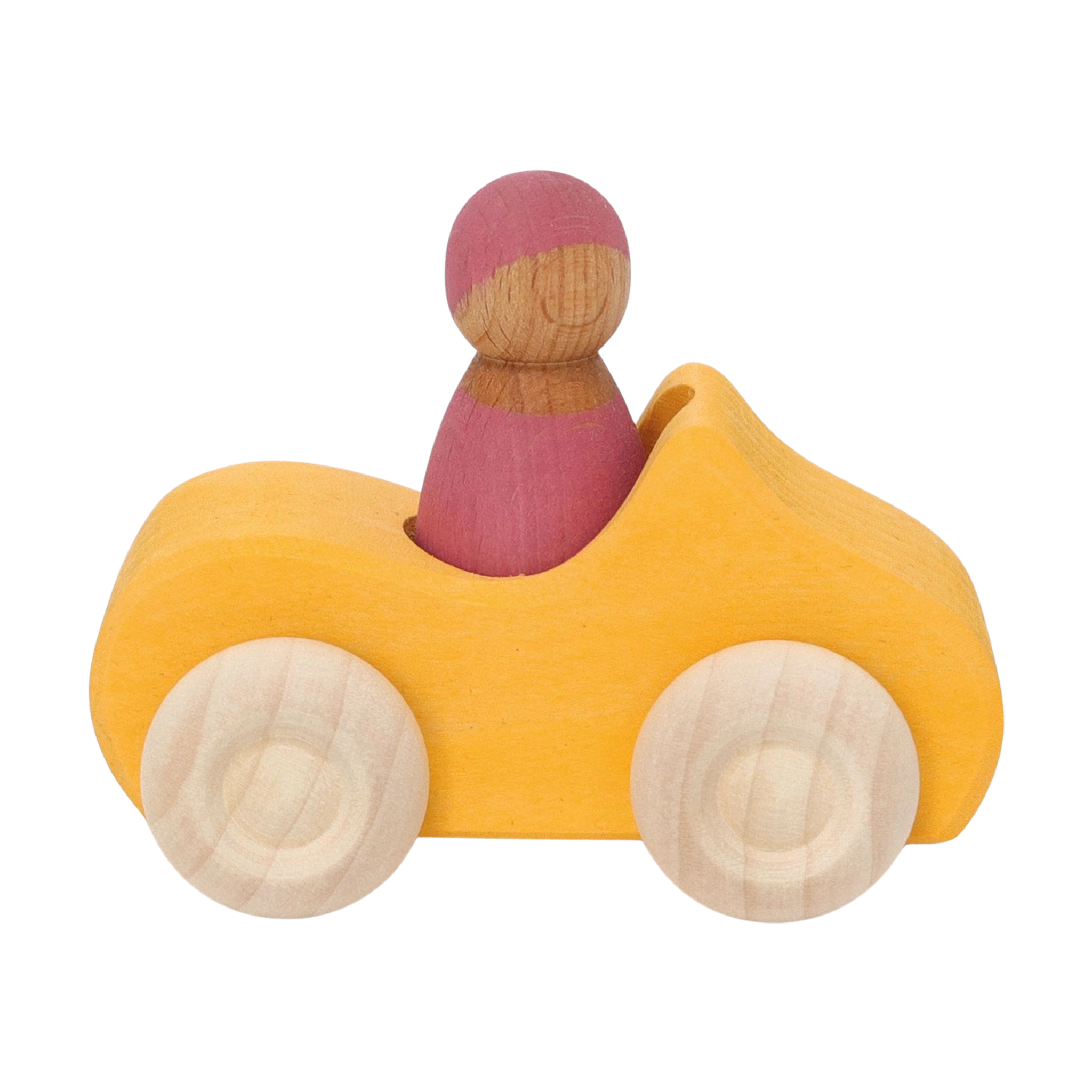 Holzfahrzeug: Kleines Cabrio gelb, ein robustes, handgefertigtes Spielzeugauto aus Lindenholz mit einem herausnehmbaren Holzmännchen. Ideal für nachhaltiges, stilvolles Spielen. Hergestellt in Deutschland.