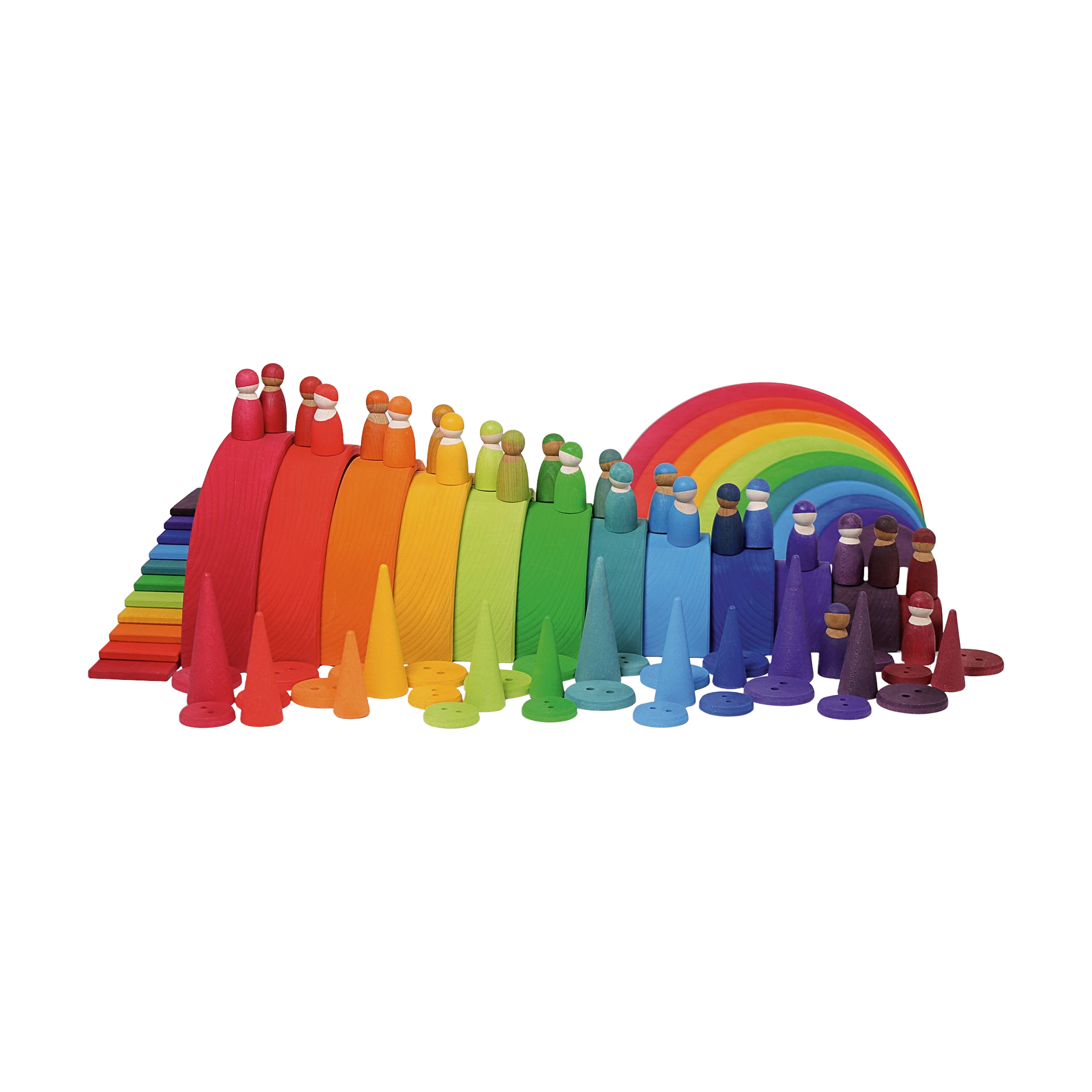 Freies Spiel: Regenbogenwald – Eine Sammlung aus 12 bunten Baumspitzen aus farbig lasiertem Ahornholz, handgefertigt in Deutschland. Perfekt zur Ergänzung von Ringen und Regenbogenfreunden, ideal für kreatives, nachhaltiges Spiel.