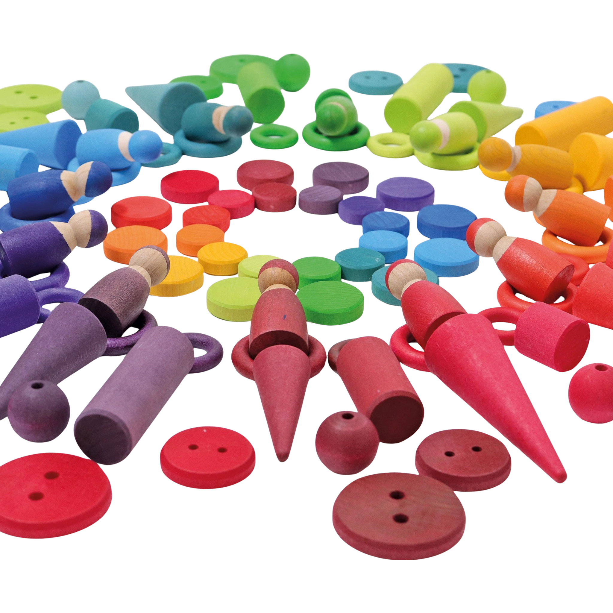 Freies Spiel: Regenbogenfreunde - Set aus 12 handbemalten Holzfiguren, die kreatives Spielen fördern. Hergestellt in Deutschland, zeigen sie minimalistisches Design und symbolisieren KLICKKLACKs Engagement für Nachhaltigkeit und Ästhetik.