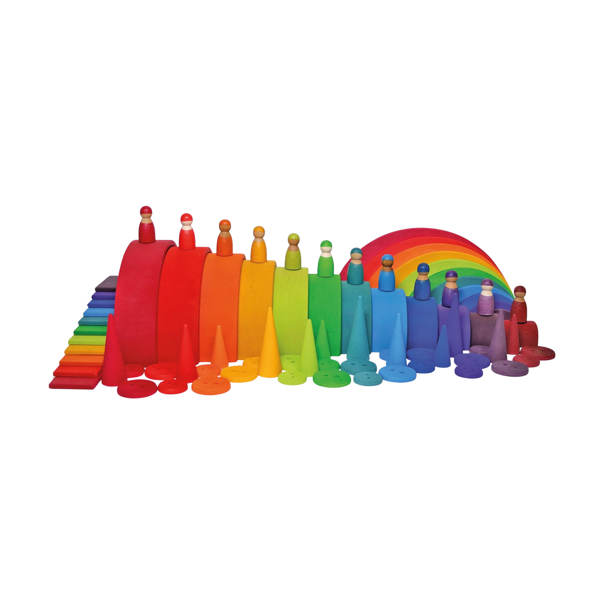 Freies Spiel: Regenbogenfreunde, ein Set aus 12 handbemalten Holzfiguren, präsentiert in einer harmonischen Anordnung, die kreatives Spielen fördert. Hergestellt in einer deutschen Manufaktur aus nachhaltigem Holz.