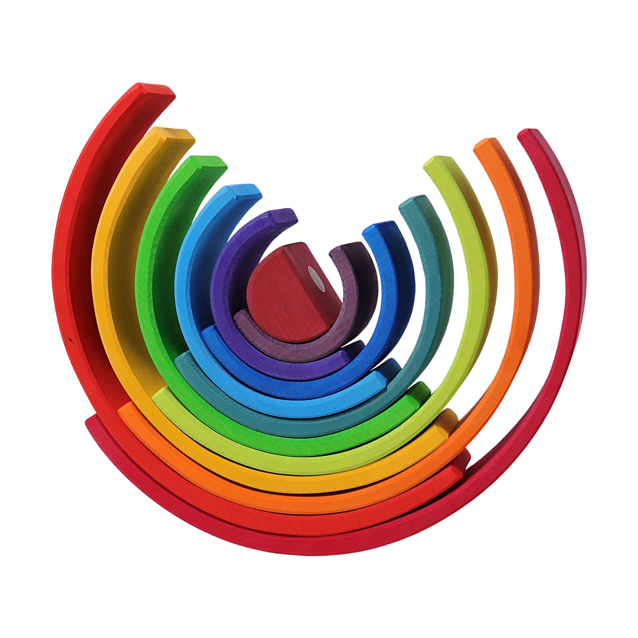 Freies Spiel: Großer Regenbogen aus farblich lasiertem Lindenholz, bestehend aus 12 ineinandergreifenden Elementen. Fördert kreatives Spielen und wird in einer deutschen Manufaktur hergestellt.