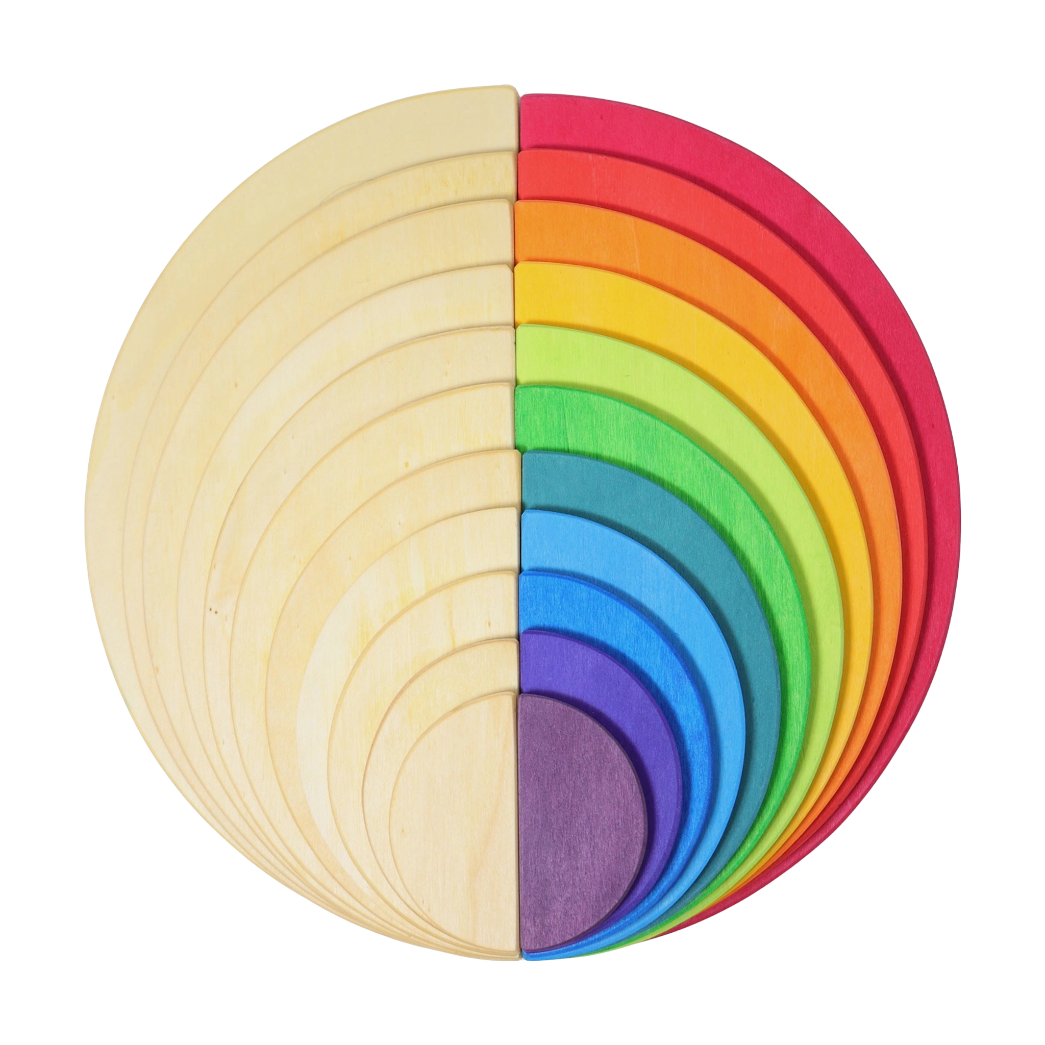 Freies Spiel: Regenbogen Halbkreise aus farbig lasiertem Birkensperrholz, angeordnet in einem Kreis. Fördert kreatives Spielen und harmoniert ideal mit Grimm's Regenbögen. Hergestellt in Deutschland für nachhaltigen Spielspaß.