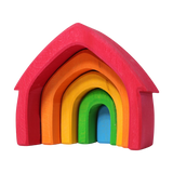 Freies Spielen: Buntes Haus – Ein hochwertiges Lindenholz-Spielzeug aus fünf Elementen zum Stapeln und Bauen, in Regenbogenform gestaltet. Ideal für kreatives Spiel, handgefertigt in Deutschland.