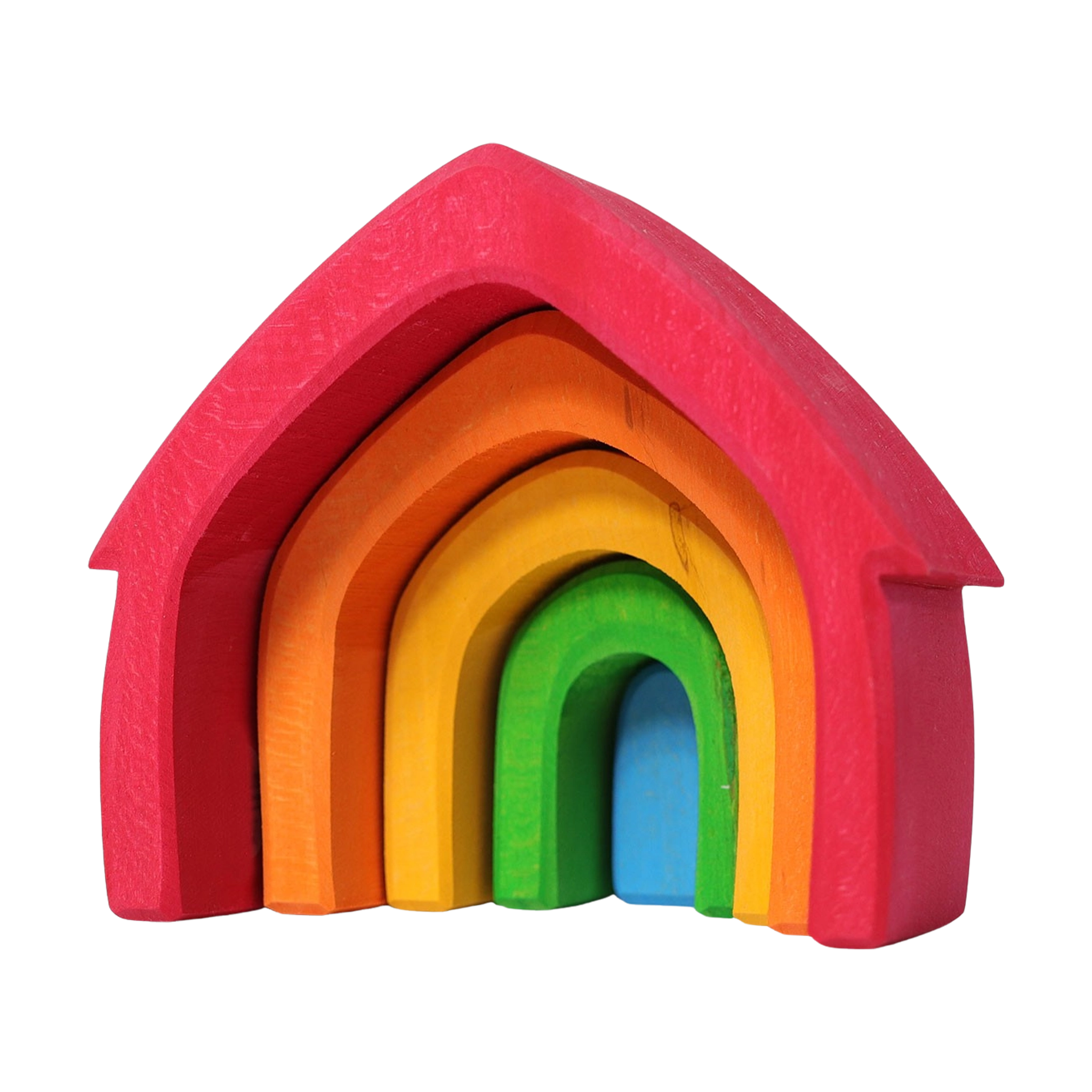 Freies Spielen: Buntes Haus – Ein hochwertiges Lindenholz-Spielzeug aus fünf Elementen zum Stapeln und Bauen, in Regenbogenform gestaltet. Ideal für kreatives Spiel, handgefertigt in Deutschland.