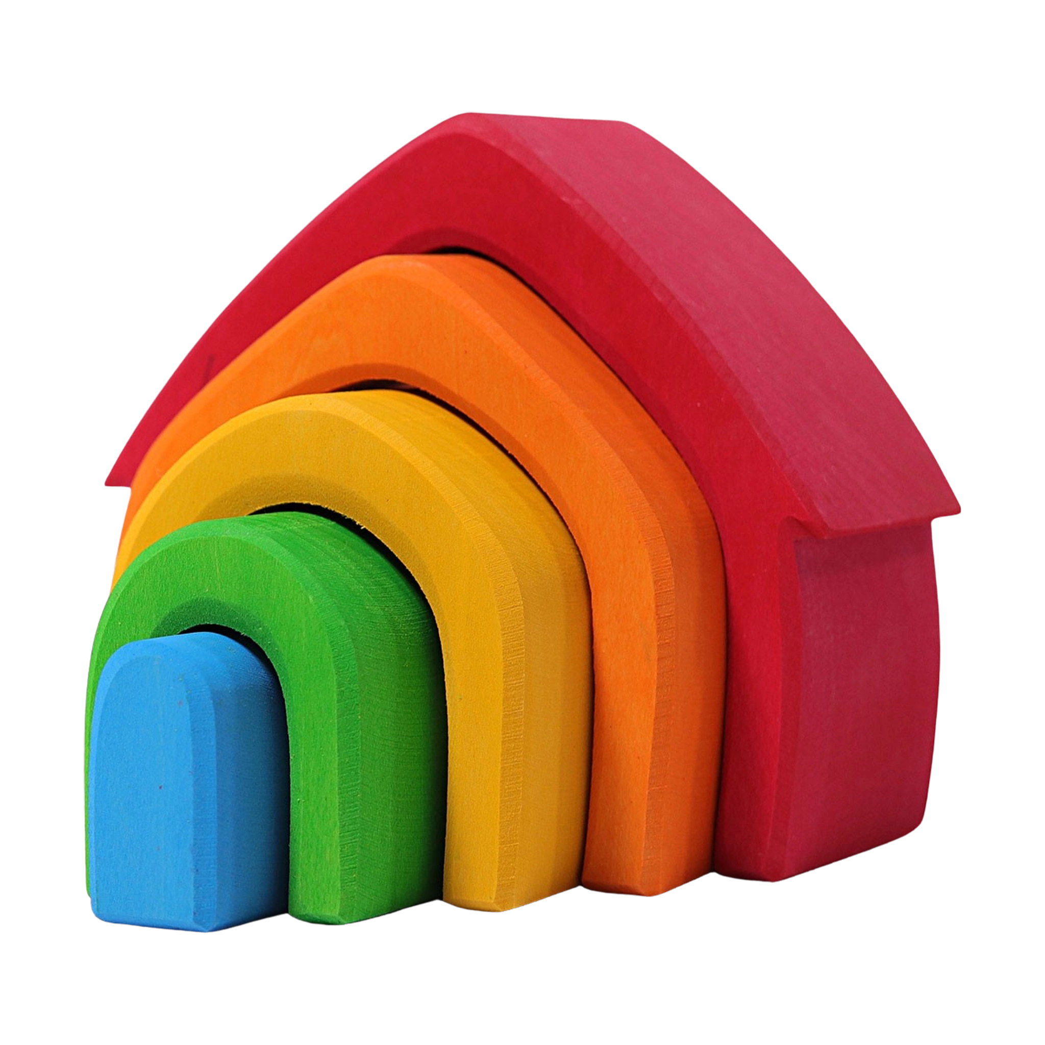 Freies Spielen: Buntes Haus aus hochwertigem Lindenholz, bestehend aus fünf regenbogenförmigen Elementen, ideal zum Stapeln und Bauen. Handgefertigt in Deutschland, verkörpert KLICKKLACKs nachhaltige und ästhetische Designphilosophie.