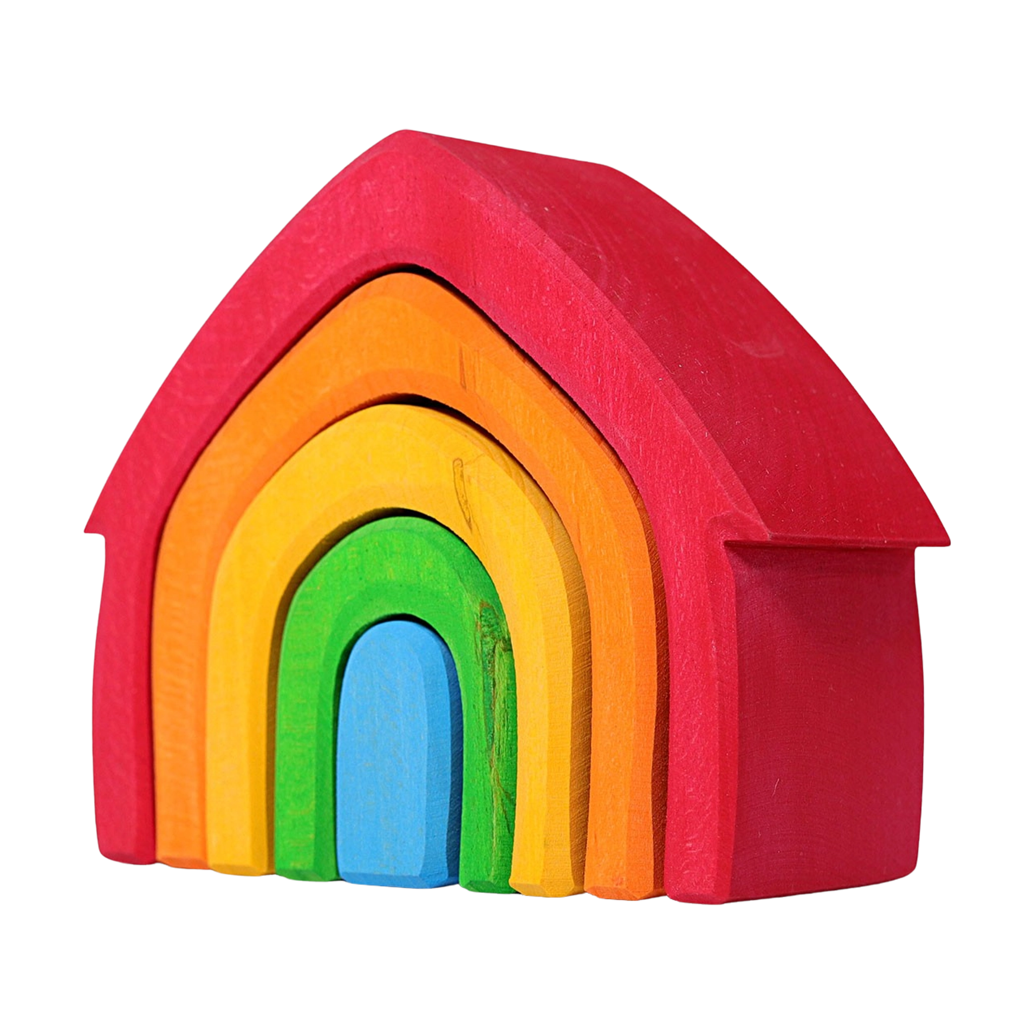 Freies Spielen: Buntes Haus aus hochwertigem Lindenholz, bestehend aus 5 Elementen in Regenbogenform. Perfekt zum Stapeln und Bauen, handgefertigt in einer deutschen Manufaktur.