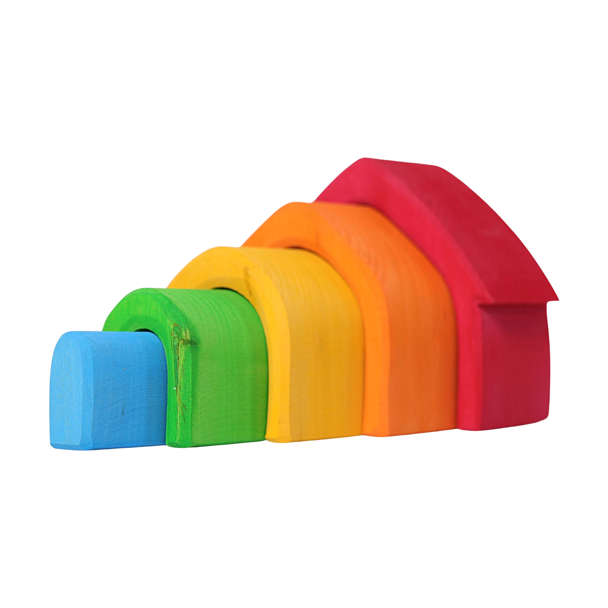 Freies Spielen: Buntes Haus aus hochwertigem Lindenholz, bestehend aus fünf Elementen, ideal zum Stapeln, Bauen und Sortieren, präsentiert in einem nahen Blickwinkel auf die regenbogenfarbenen Holzbausteine.