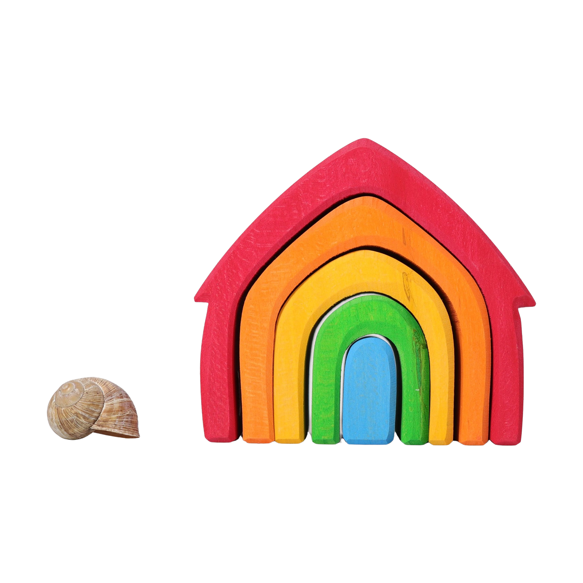 Freies Spielen: Buntes Haus, ein aus hochwertigem Lindenholz gefertigtes, regenbogenförmiges Spielzeug mit fünf Stapel- und Bauelementen, abgebildet mit einem detaillierten Schneckenmotiv, ideal für kreatives Spielen.