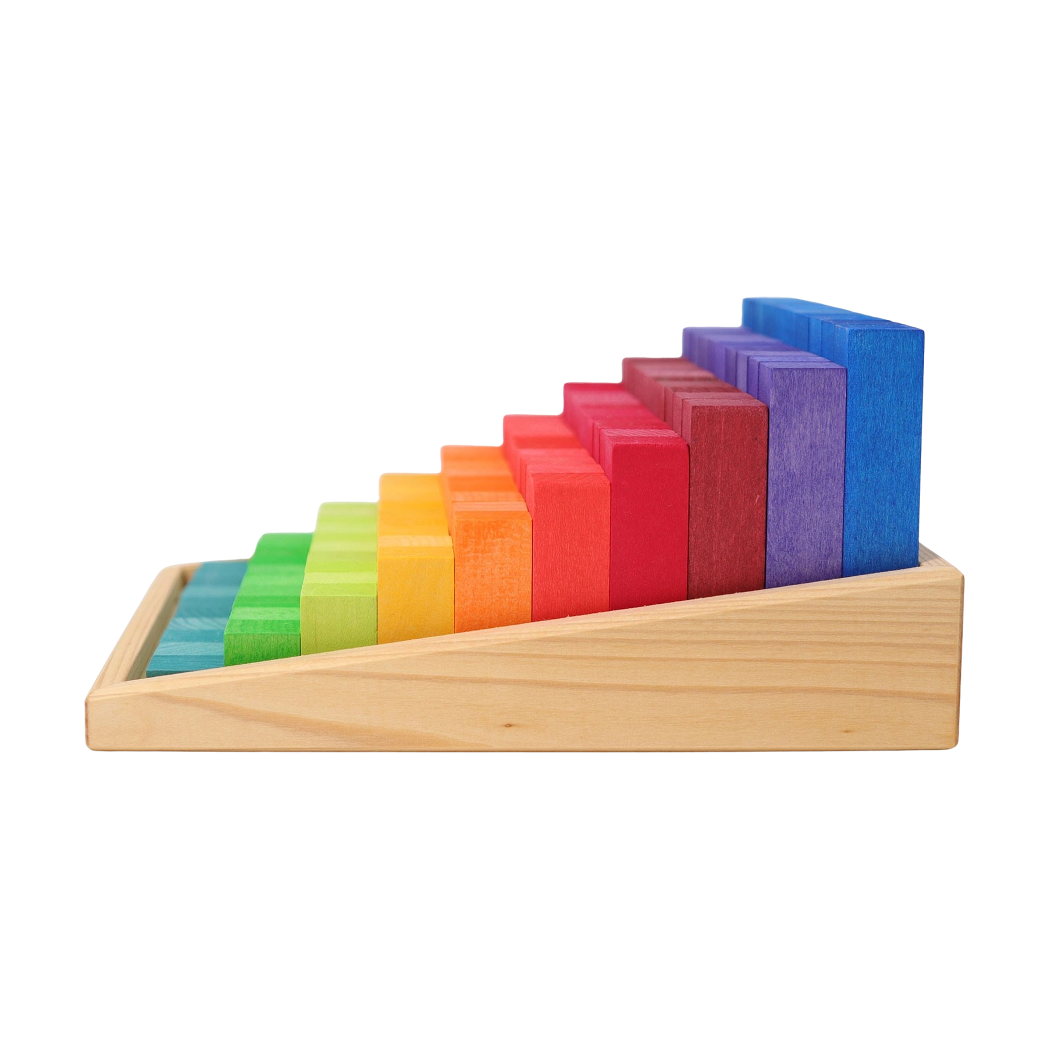 Freies Spiel: Kleine Stufenzählstäbe, ein Set aus 100 farbig lasierten Bauklötzen aus Lindenholz, präsentiert in einem Holzrahmen. Hergestellt in Deutschland, fördert es räumliches Denken und mathematisches Verständnis.