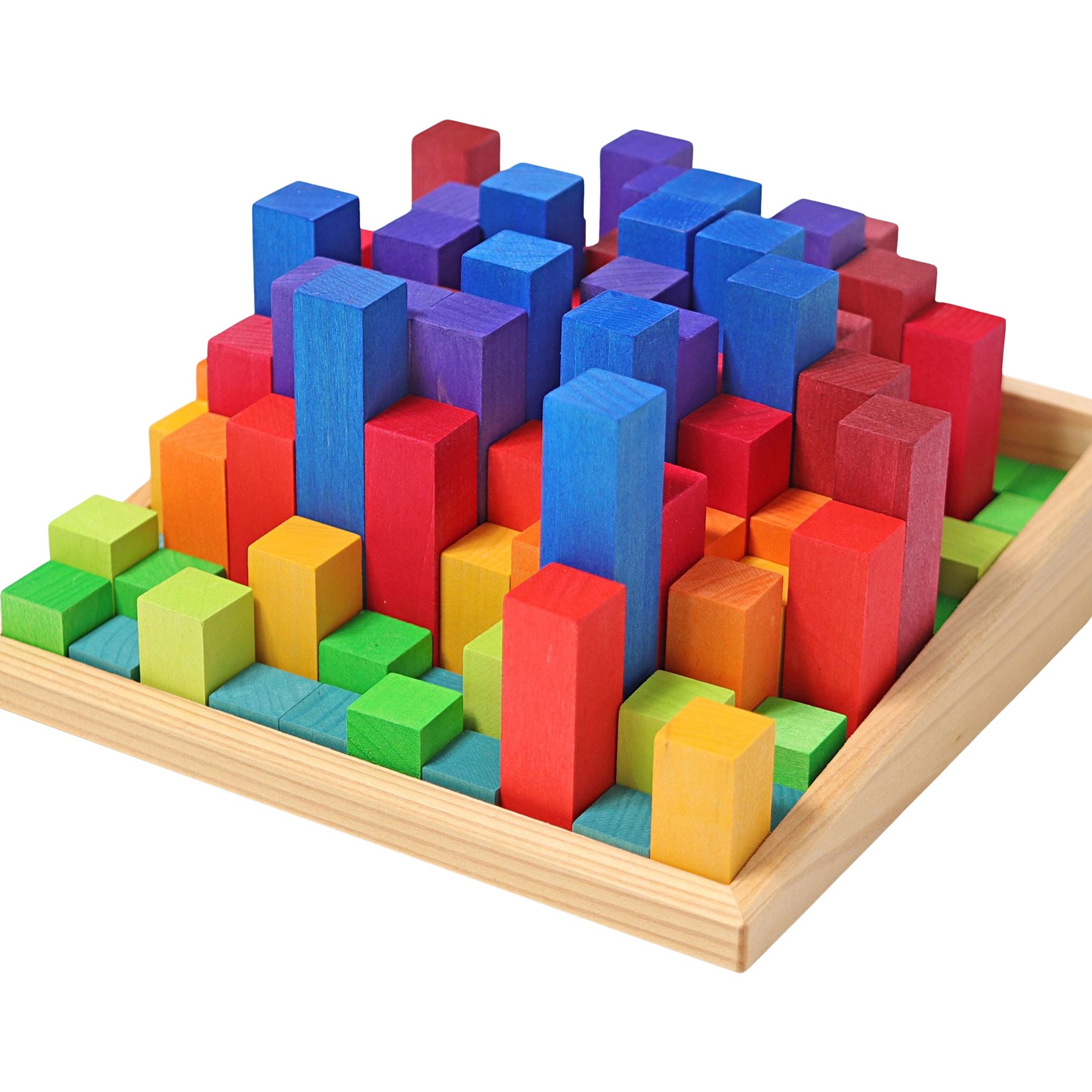 Freies Spiel: Kleine Stufenzählstäbe, gestapelt zu einer Pyramide aus 100 Holzbausteinen, im Holzrahmen präsentiert. Fördert räumliches Denken und Mathematik, hergestellt in einer deutschen Manufaktur.