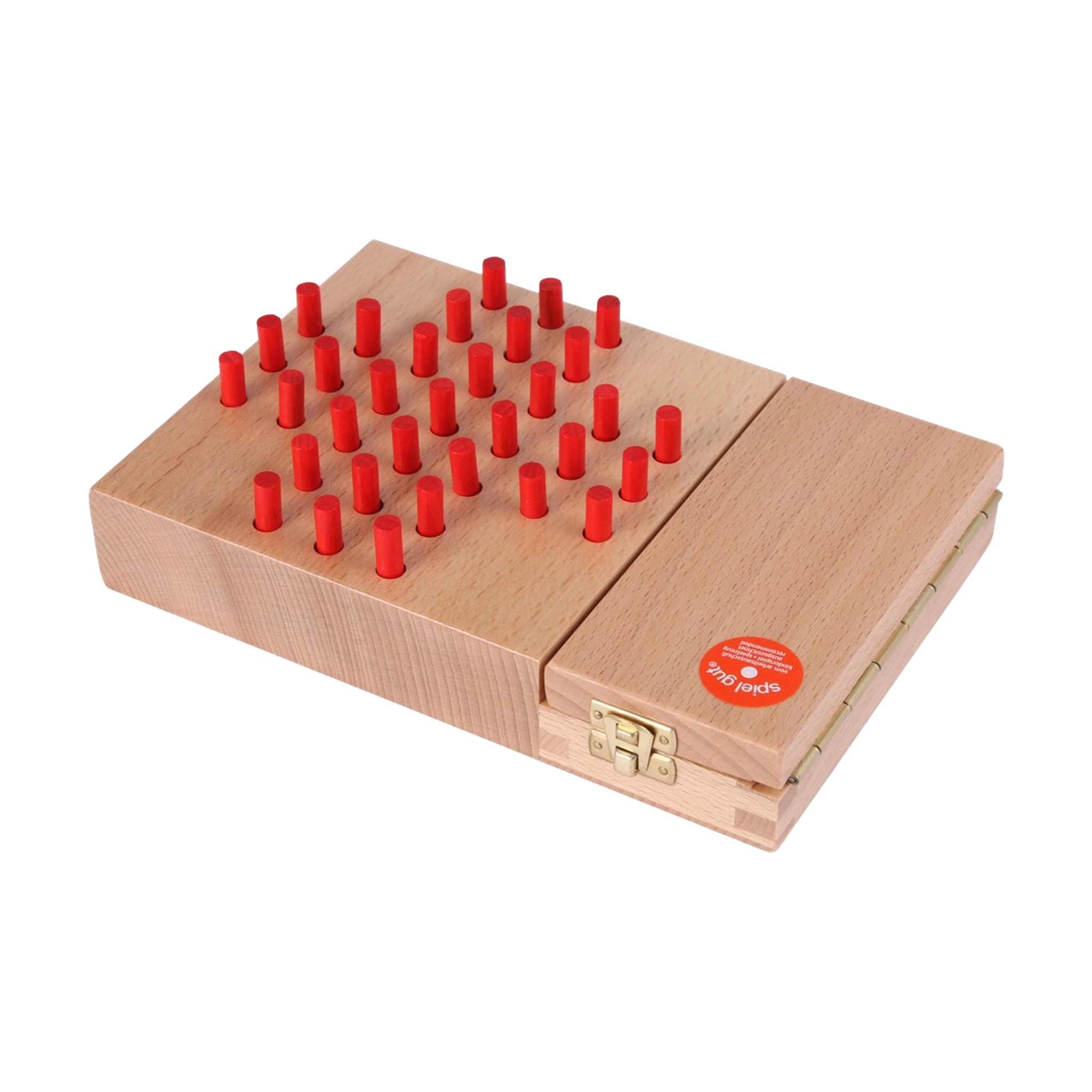 Brettspiel: Solitaire aus massivem Buchenholz mit roten Stiften auf einem Holzbrett, ein traditionelles Geduldsspiel, hergestellt in einem deutschen Familienbetrieb, ideal für strategische Unterhaltung.