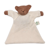 Schmusetuch: Nuckeltier Bär, ein weiches Baby-Sicherheitstuch aus Bio-Baumwollefrottee mit einem Teddy-Kopf und Armen. Enthält eine Rassel aus Schafschurwolle, handgefertigt in Deutschland.