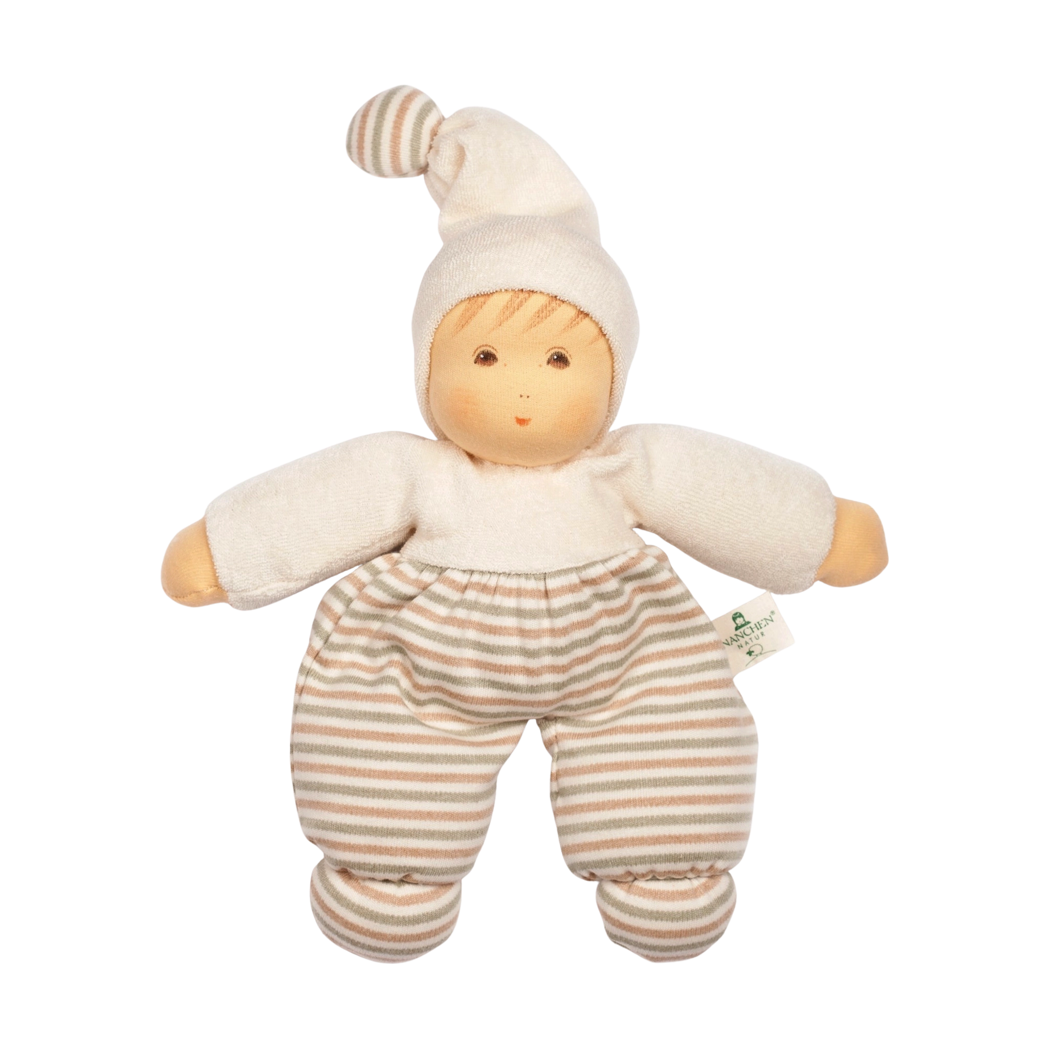 Puppe: Möpschen natur gestreift, aus weichem Bio-Baumwollfrottee, mit schadstofffreier Schafschurwollfüllung, zeigt ein einfach besticktes Gesicht, knotenförmige Mütze, cremefarbenes Oberteil und gestreifte Hose und Booties.