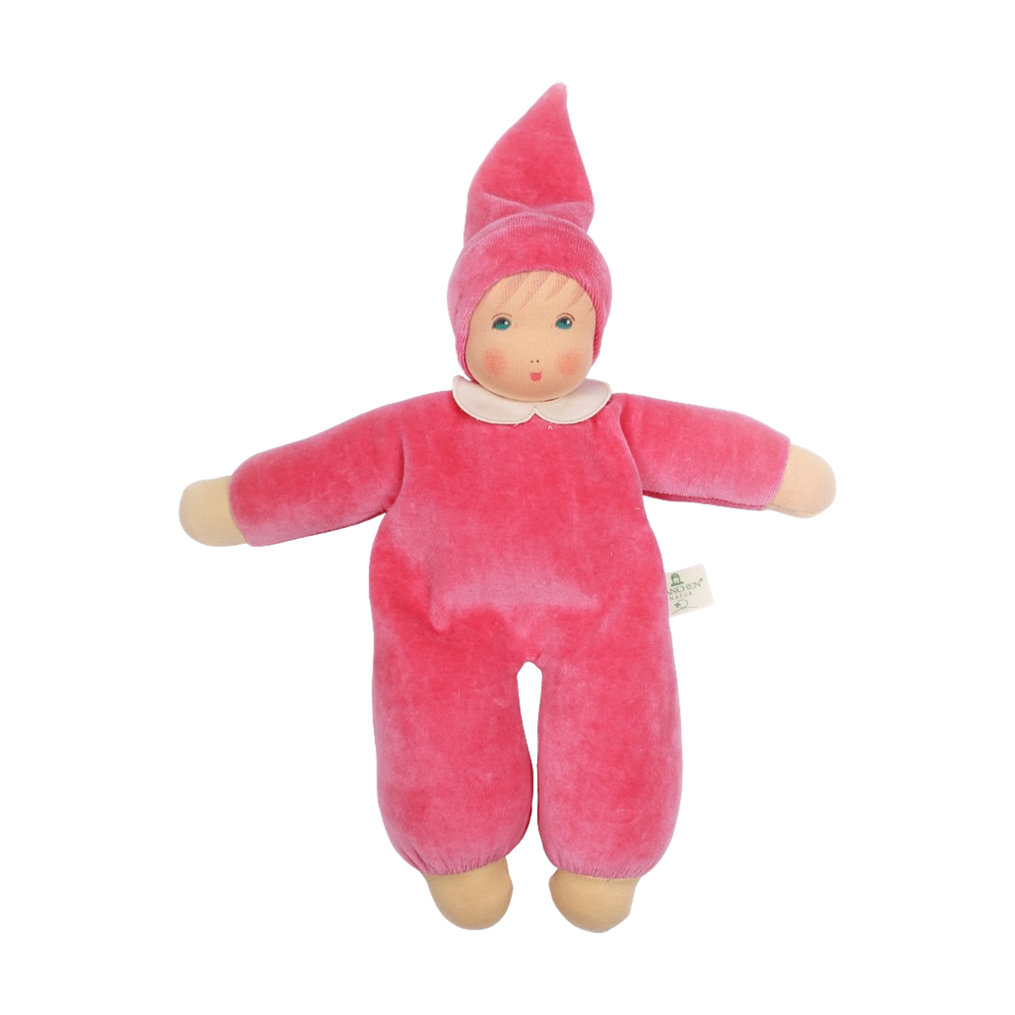 Puppe: Nani pink mit frecher Mütze und Bubi-Kragen, aus weichem Bio-Baumwollnicki und schadstofffreier Schafschurwolle, handgefertigt in Deutschland, verkörpert KLICKKLACKs nachhaltige und ästhetische Designphilosophie.