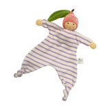 Greifling: Kleiner Pfirsich, ein weiches Bio-Baumwollefrottee-Sicherheitstuch mit Glocke. Runde Gesichtspuppe, pinke Kapuze, grünes Blatt, gestreifter Körper. Ideal zum Greifen und Kuscheln. Hergestellt in Deutschland.