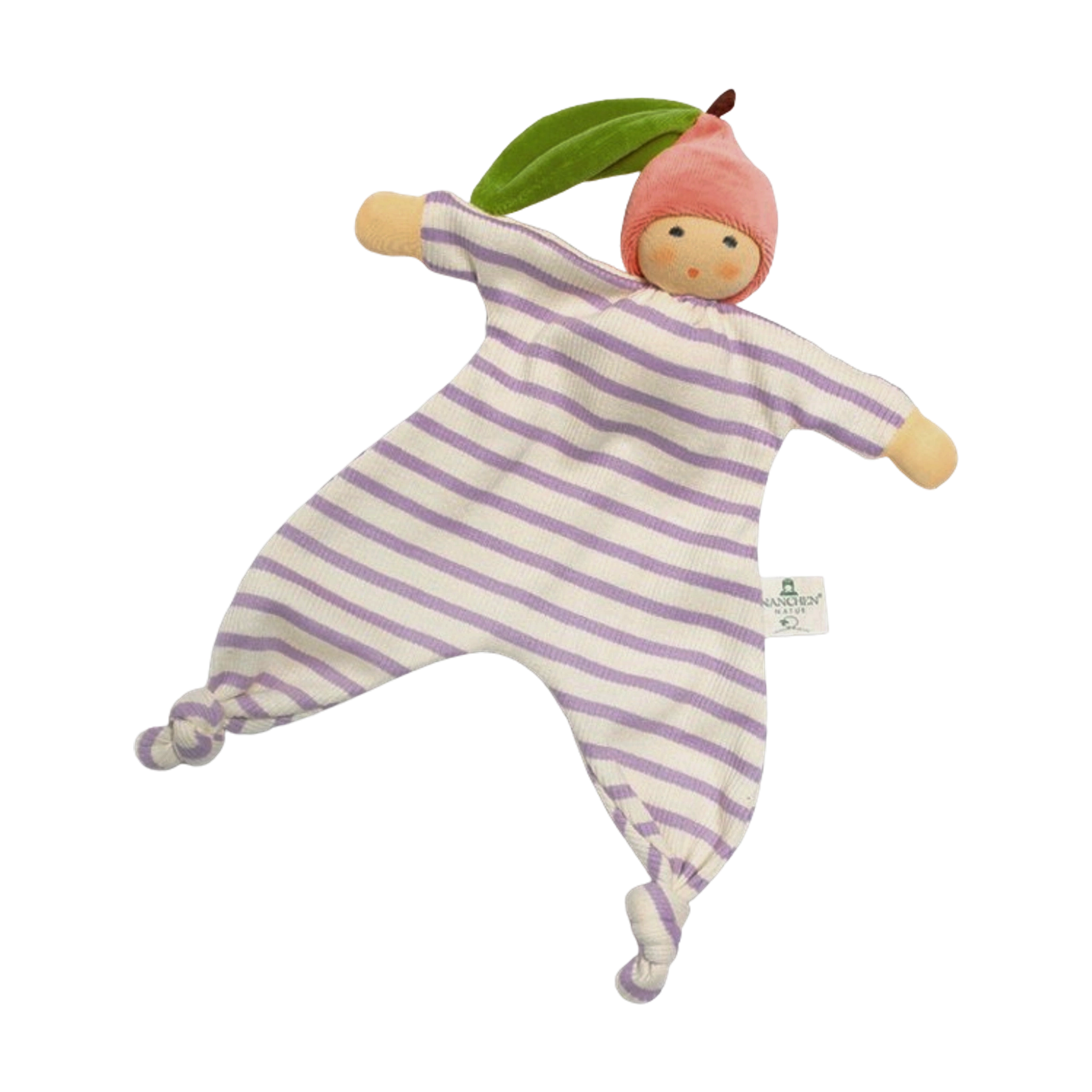 Greifling: Kleiner Pfirsich, ein weiches Bio-Baumwollefrottee-Sicherheitstuch mit Glocke. Runde Gesichtspuppe, pinke Kapuze, grünes Blatt, gestreifter Körper. Ideal zum Greifen und Kuscheln. Hergestellt in Deutschland.