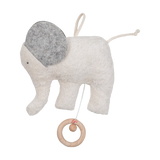 Spieluhr: Elefant aus weicher Bio-Baumwolle mit grauen Filzohren, ausgestattet mit einem Zugring-Musikwerk, das LaLeLu spielt. Ideal zum Aufhängen an Kinderbett oder Kinderwagen für ein beruhigendes Einschlafritual.