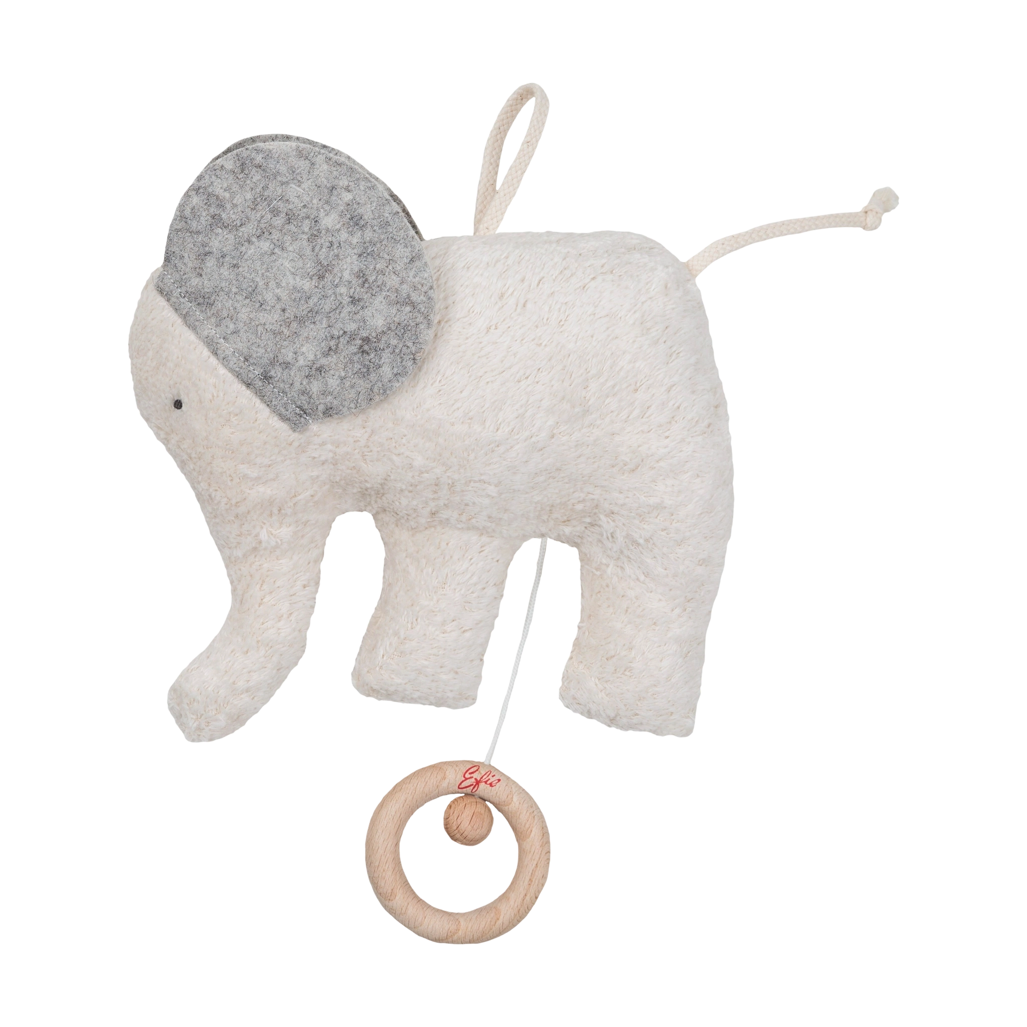 Spieluhr: Elefant aus weicher Bio-Baumwolle mit grauen Filzohren, ausgestattet mit einem Zugring-Musikwerk, das LaLeLu spielt. Ideal zum Aufhängen an Kinderbett oder Kinderwagen für ein beruhigendes Einschlafritual.