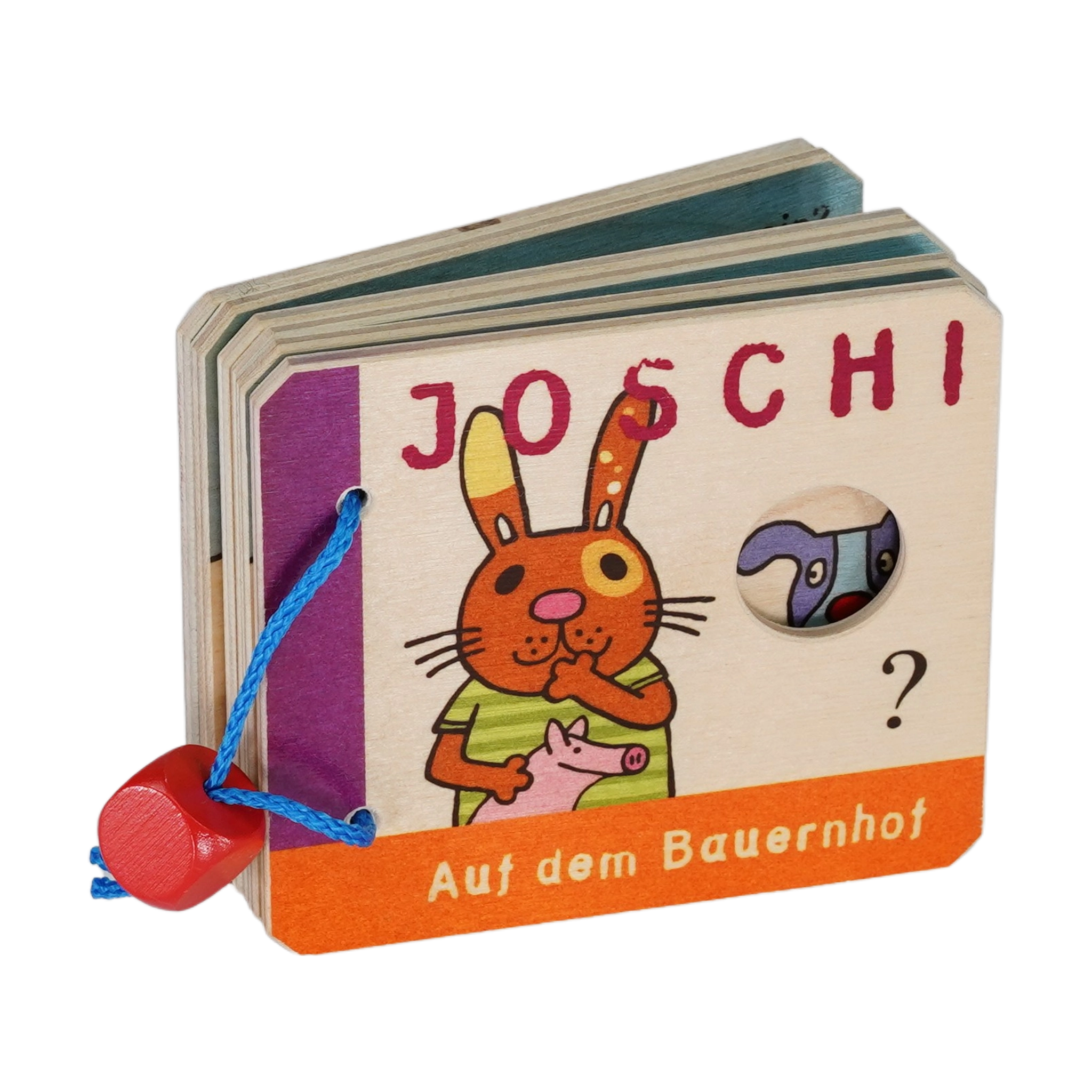 Babybüchlein: Bauernhof, ein sechsteiliges Holzbuch aus Birkenholz mit einem Cartoon-Hasen auf dem Cover, ideal für neugierige Kleinkinder ab einem Jahr, mit Guckloch und stabiler Schnurbindung.