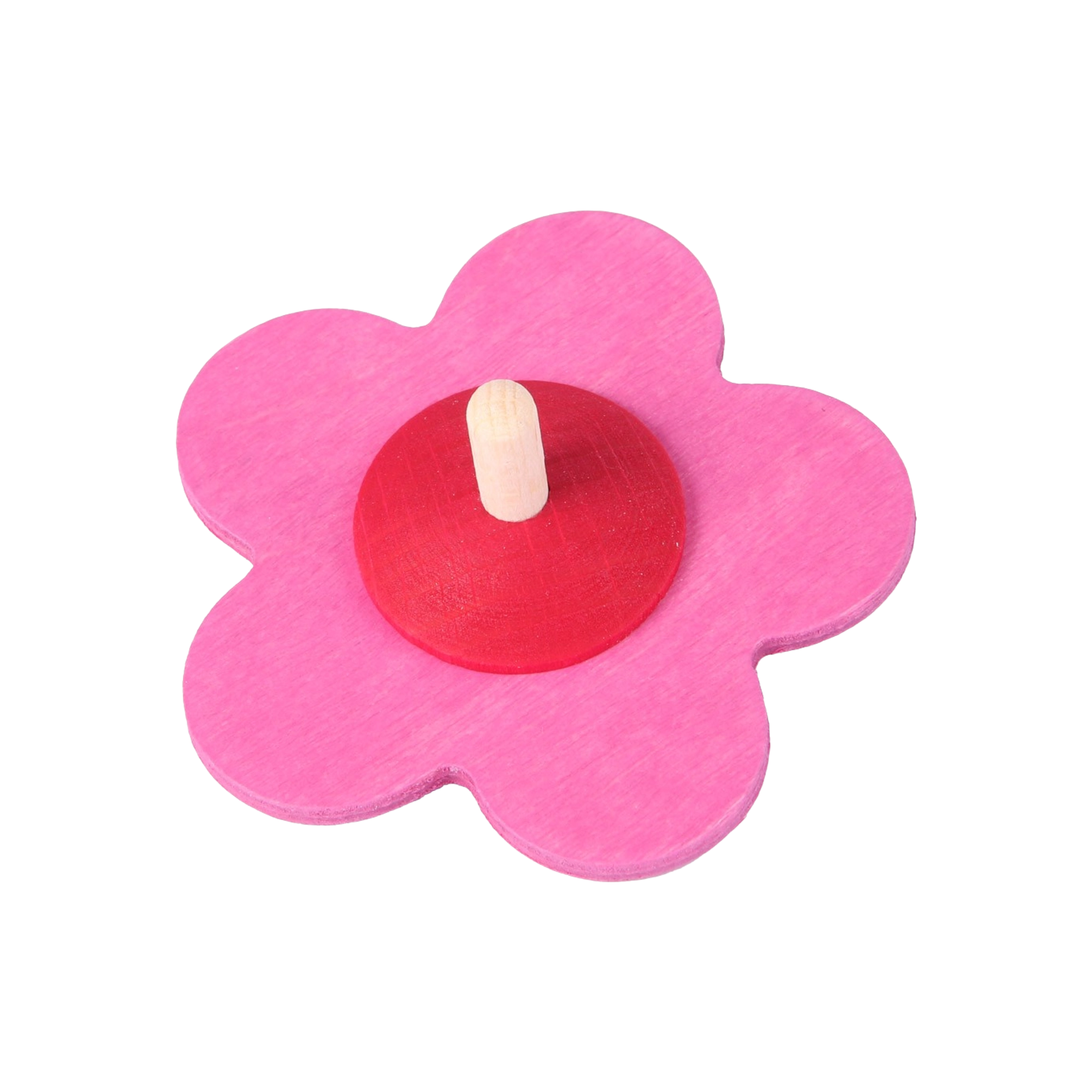Blumenkreisel aus hochwertigem Buchenholz, liebevoll gestaltet in Blumenform mit fünf abgerundeten Blütenblättern und einem zentralen, unbemalten Holzknauf, ideal für Kinderhände ab 3 Jahren.
