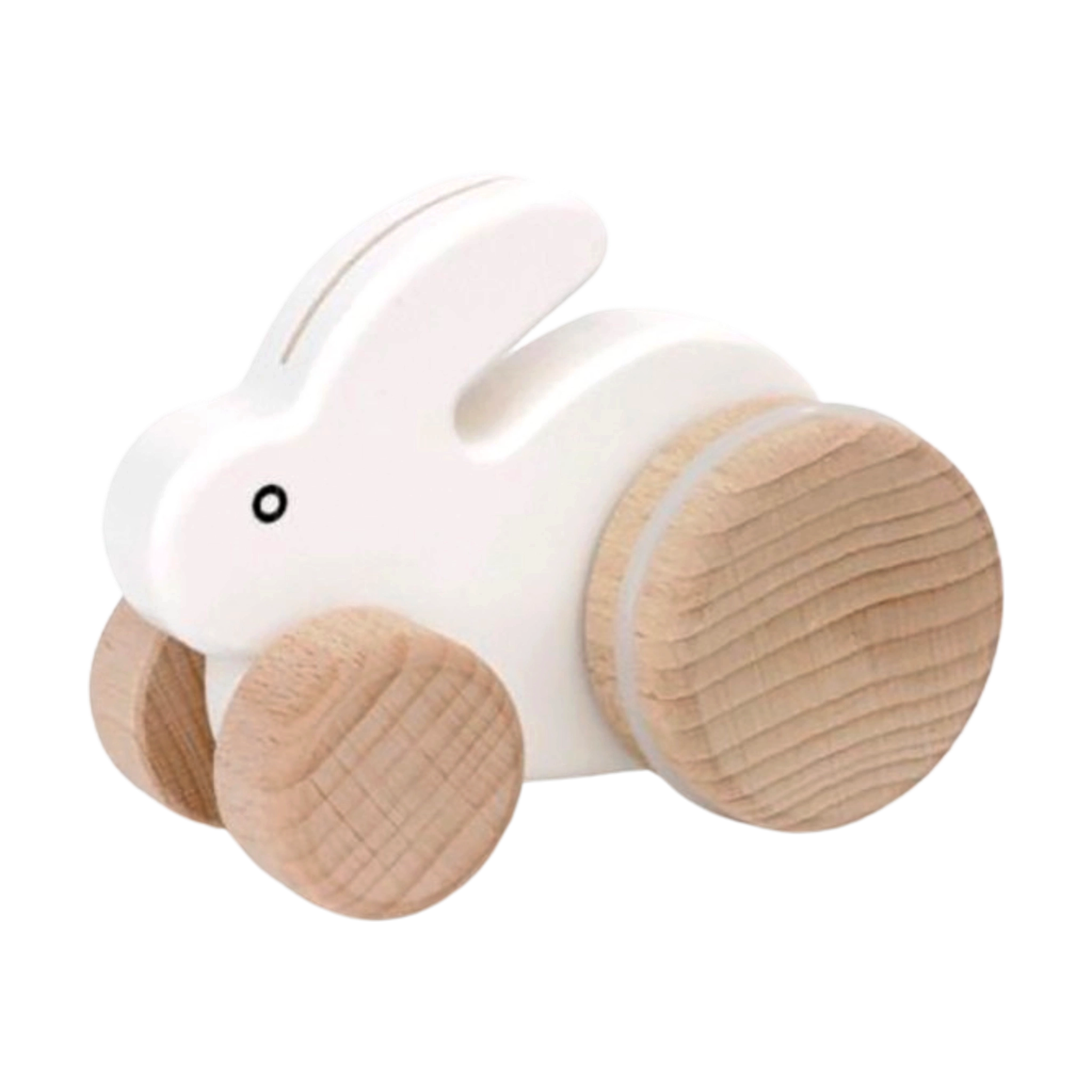 Motorikspiel: Hoppelhase weiß, ein kleines, robustes Holzspielzeug aus Buchenholz, das beim Schieben das Hinterteil bewegt und sanft auf vier silikonüberzogenen Rädern rollt, hergestellt in einer polnischen Manufaktur.